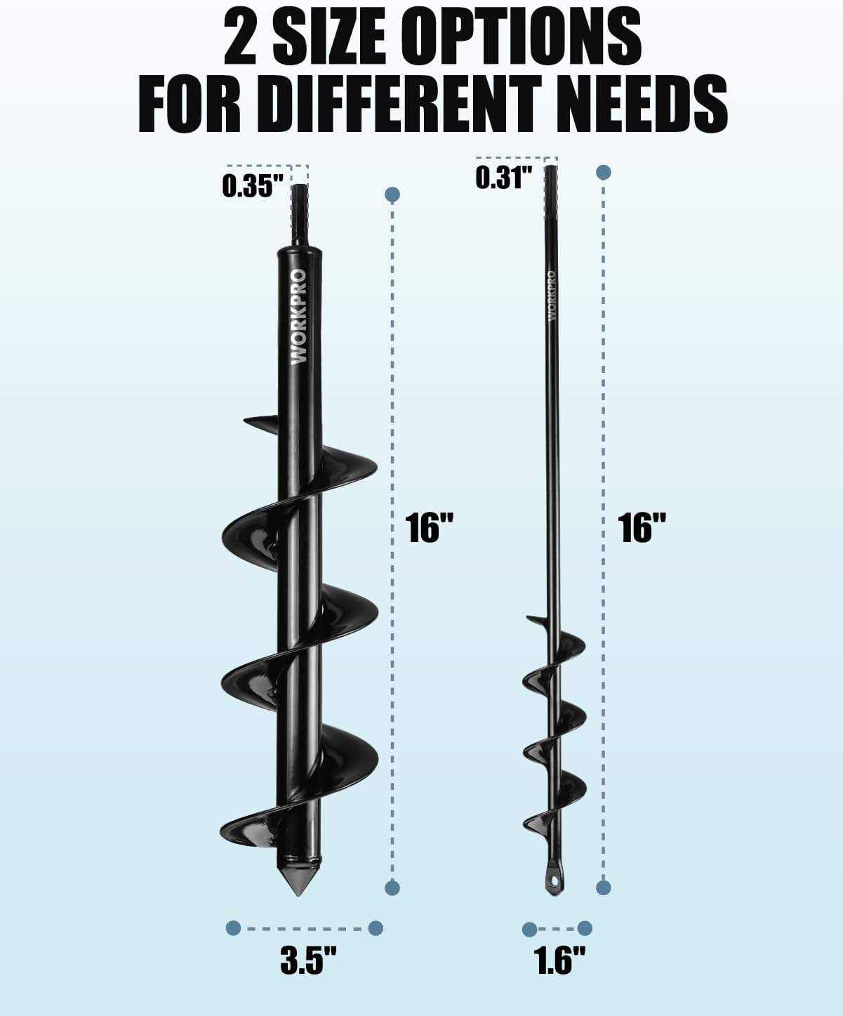 Two black spiral auger bits with different lengths and helical drilling heads