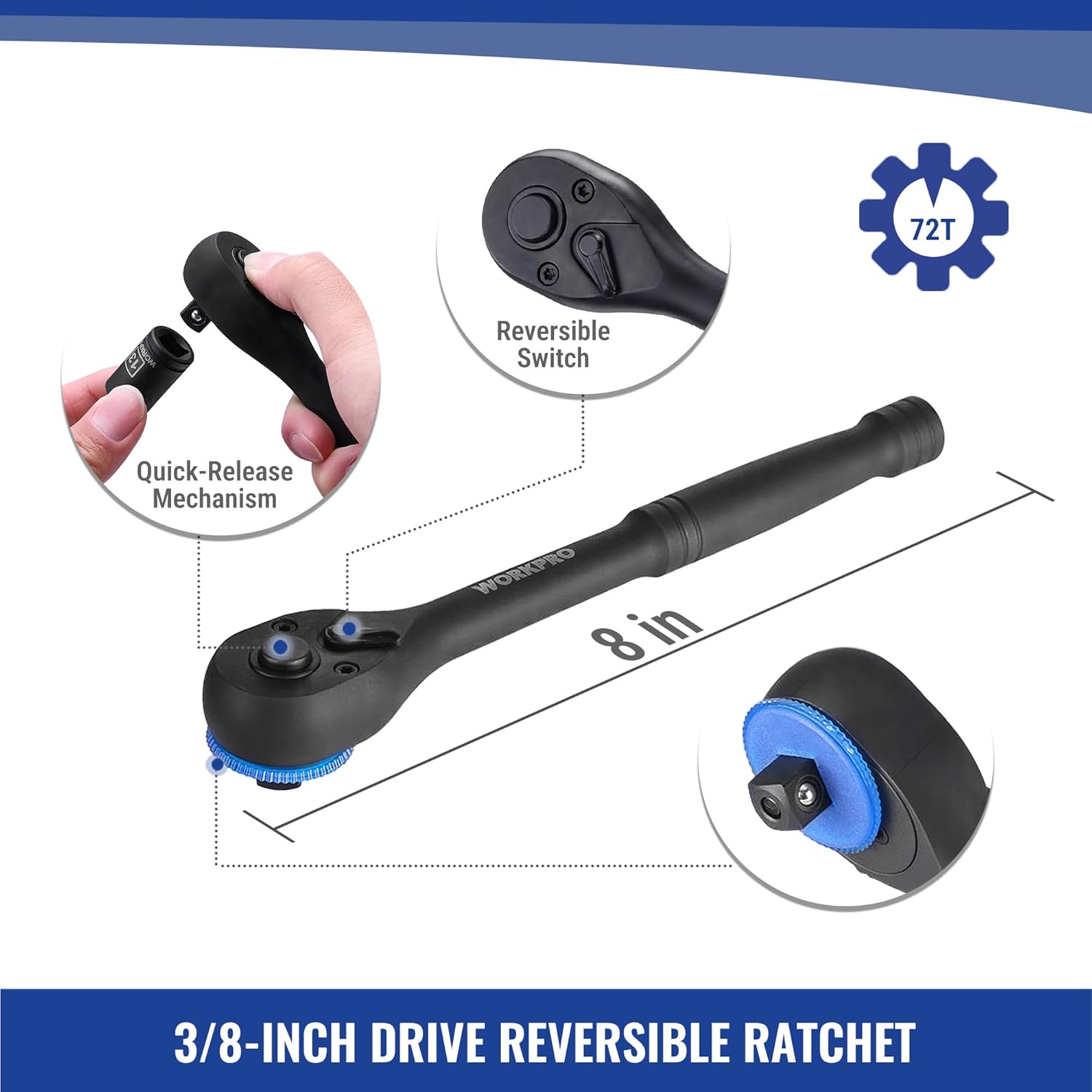 3/8 in drive reversible ratchet with quick-release and blue adjustment dial