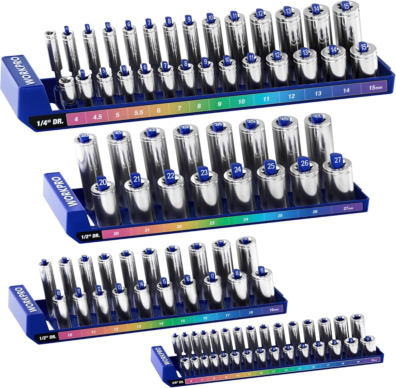 Three-row metric socket organizer set with chrome sockets in blue trays with numbered posts