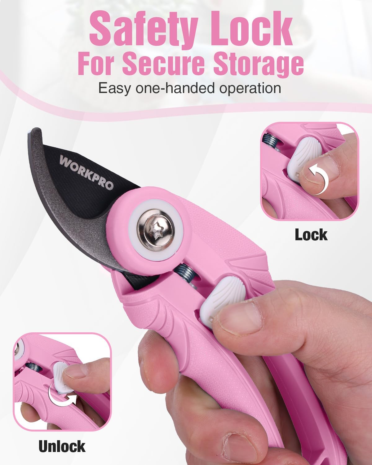 WORKPRO pruning shears with safety lock, pink handle and black curved blade