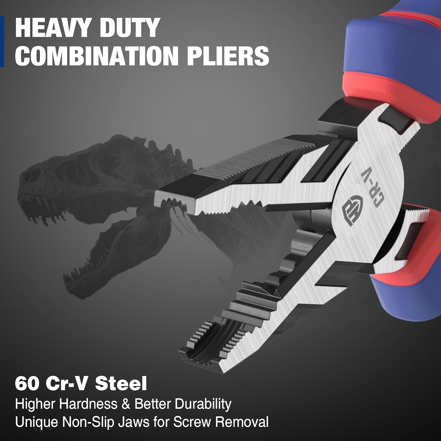 Combination screw extractor pliers with serrated non-slip jaws, blue and red handles