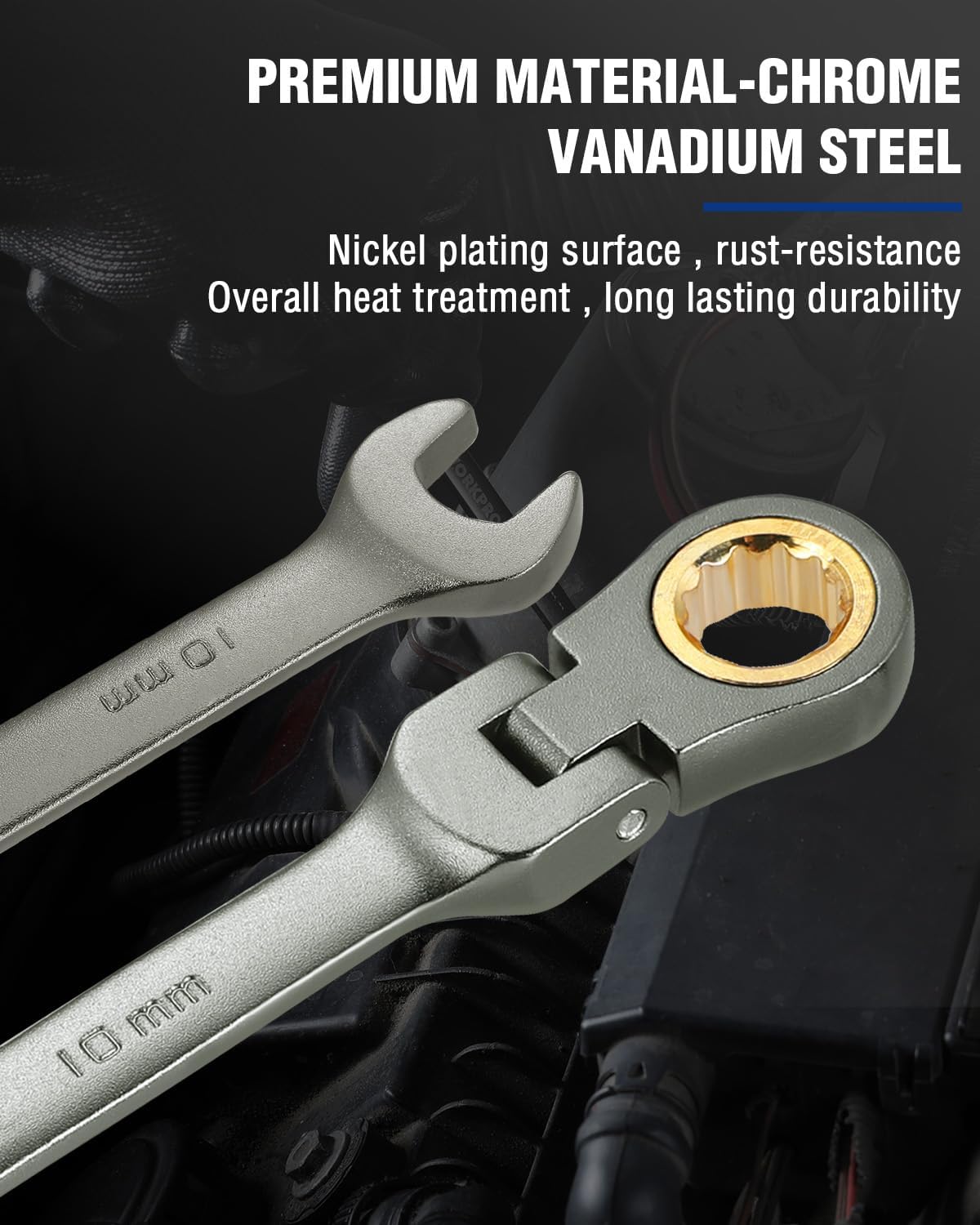 Nickel-plated flex-head ratcheting wrench with open-end and 12-point socket end