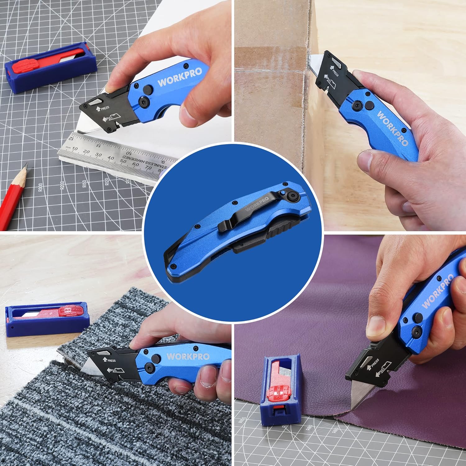 Folding utility knife with quick-change head cutting on fabric and wood surfaces