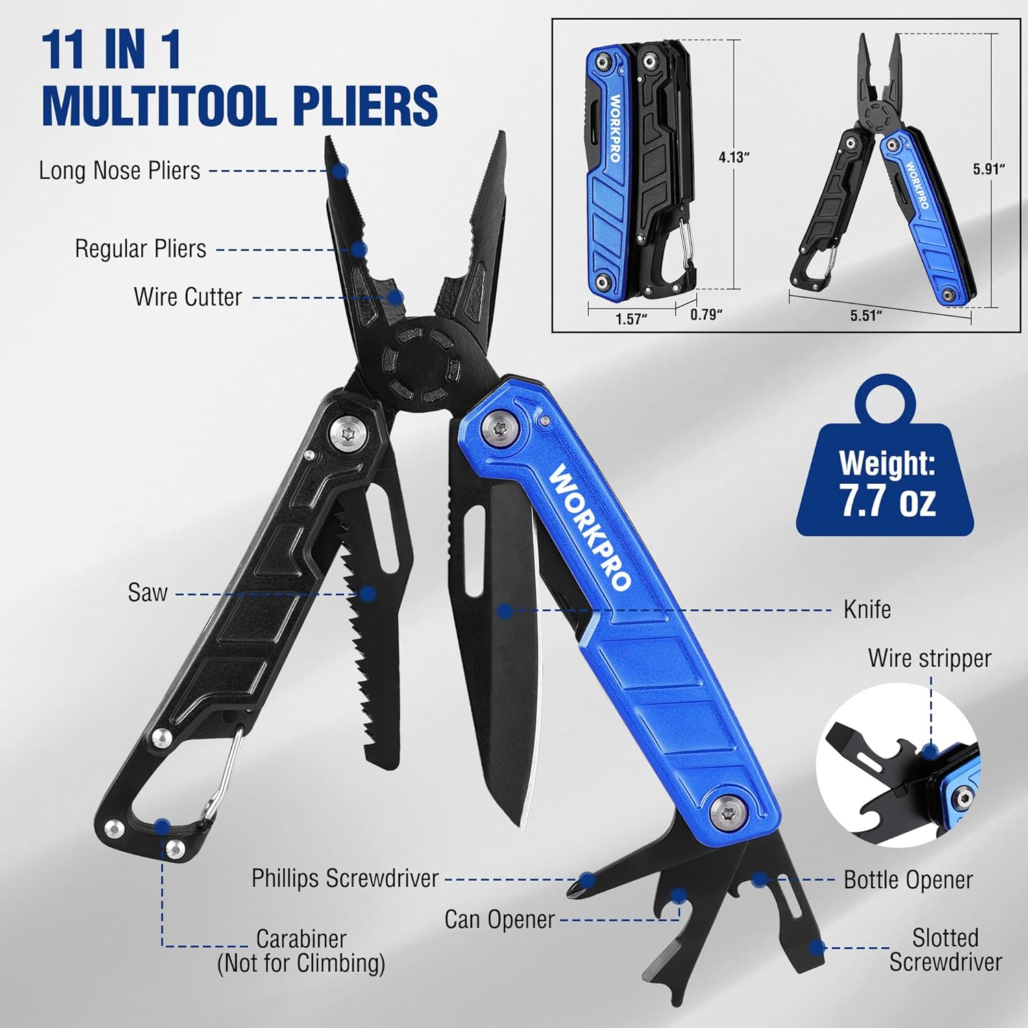 11-in-1 blue and black multitool pliers with knife, screwdriver, can opener, wire stripper