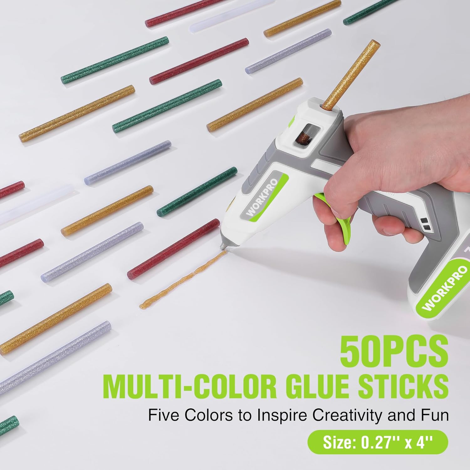 Cordless glue gun and multicolor glue sticks set with hand applying glue