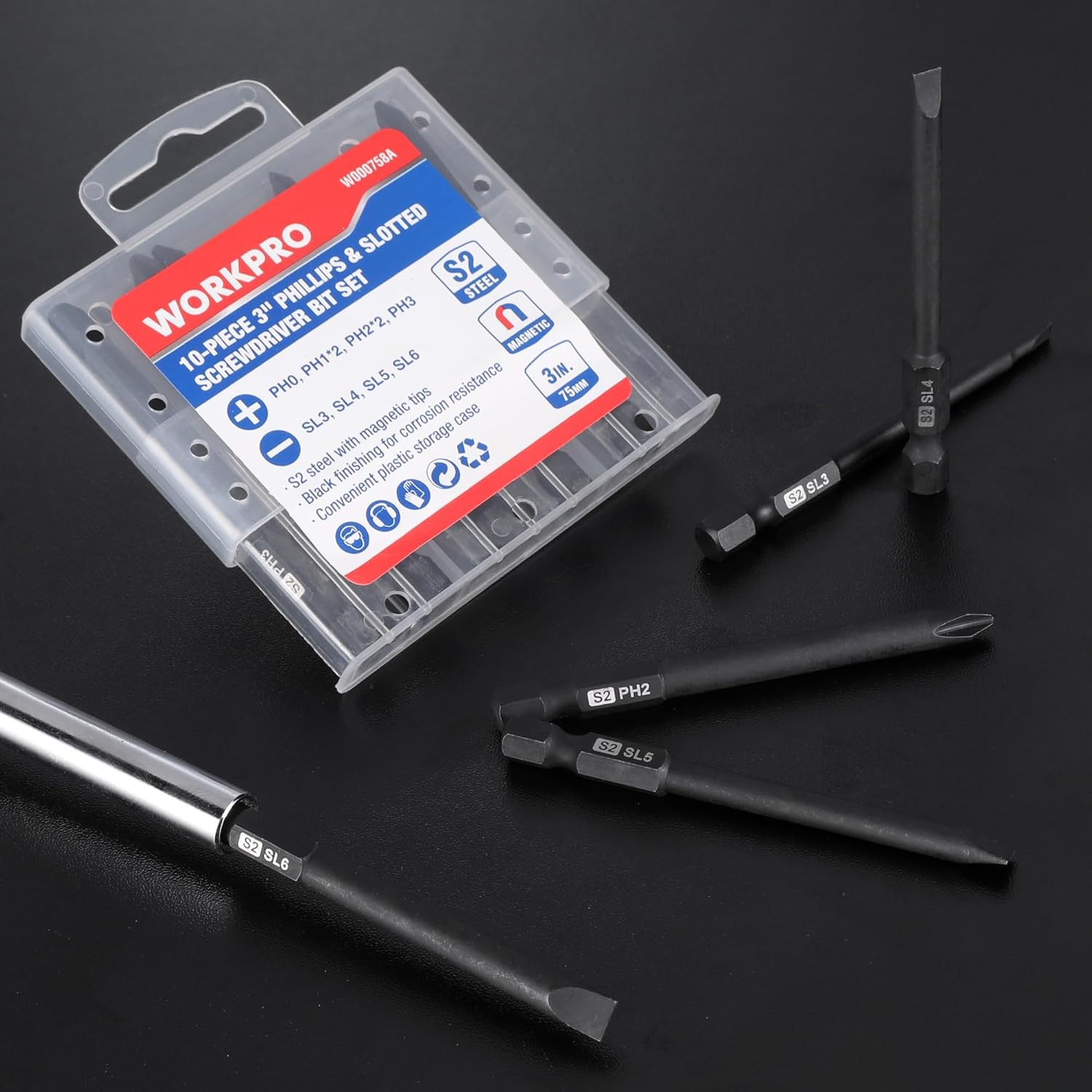 WORKPRO 10-piece Phillips and slotted screwdriver bit set with clear storage case