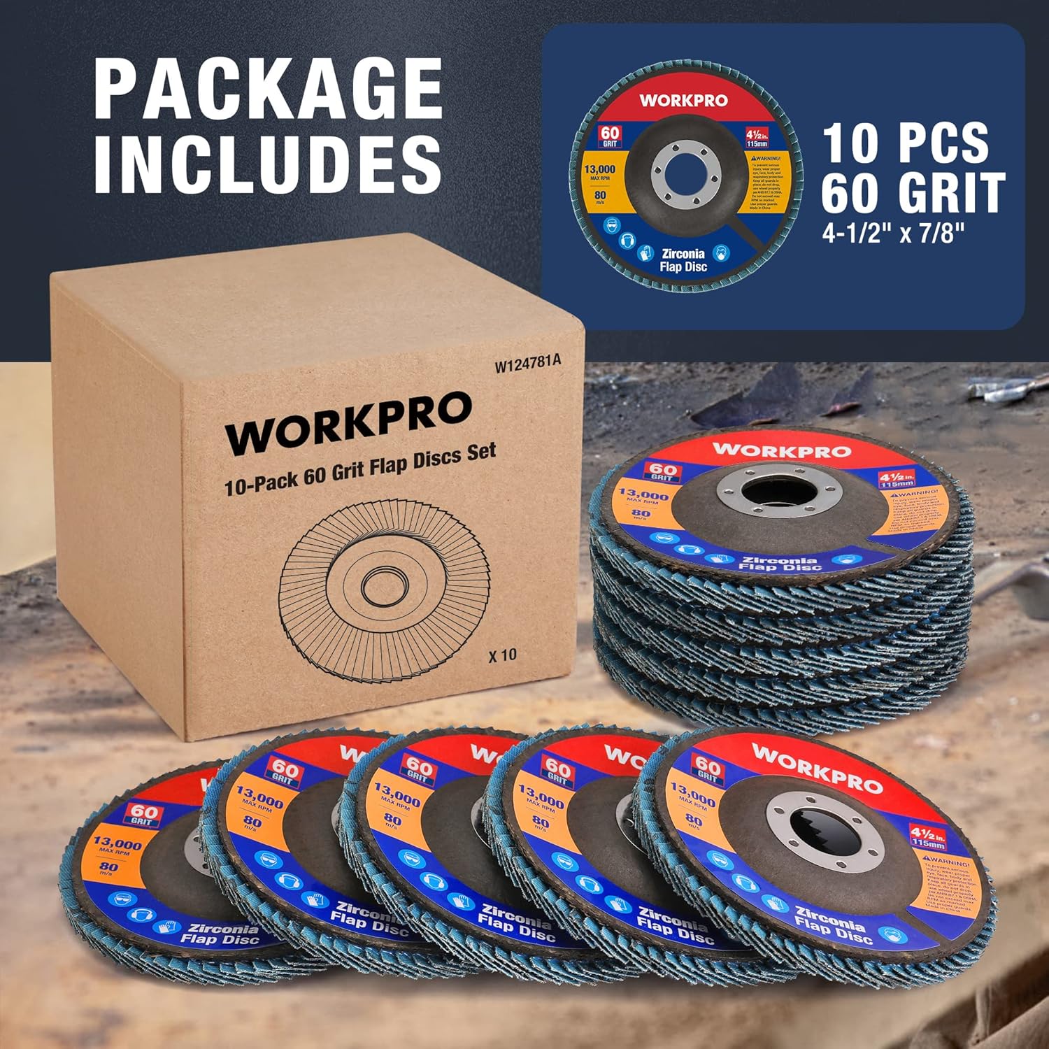 WORKPRO 10-pack 60 grit zirconia flap discs, blue discs stacked with retail box