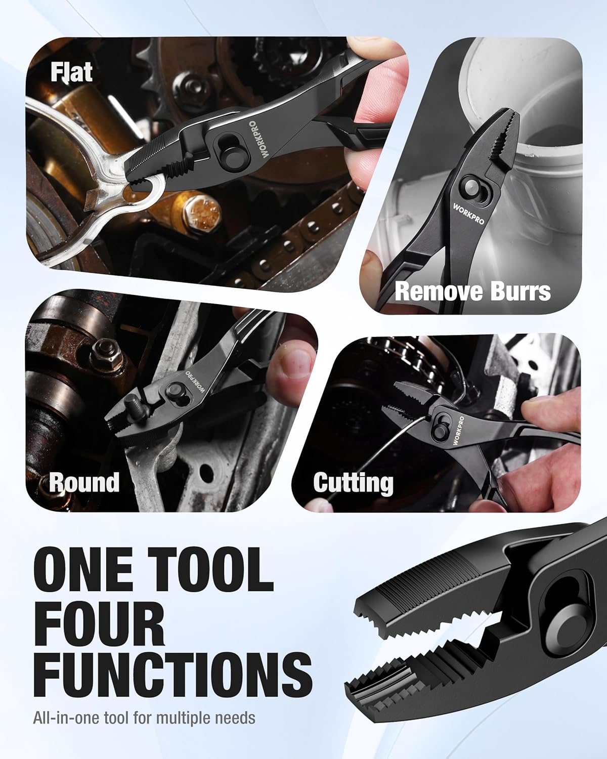 WORKPRO slip joint pliers close-up, serrated jaws and pivot switch on compact handle