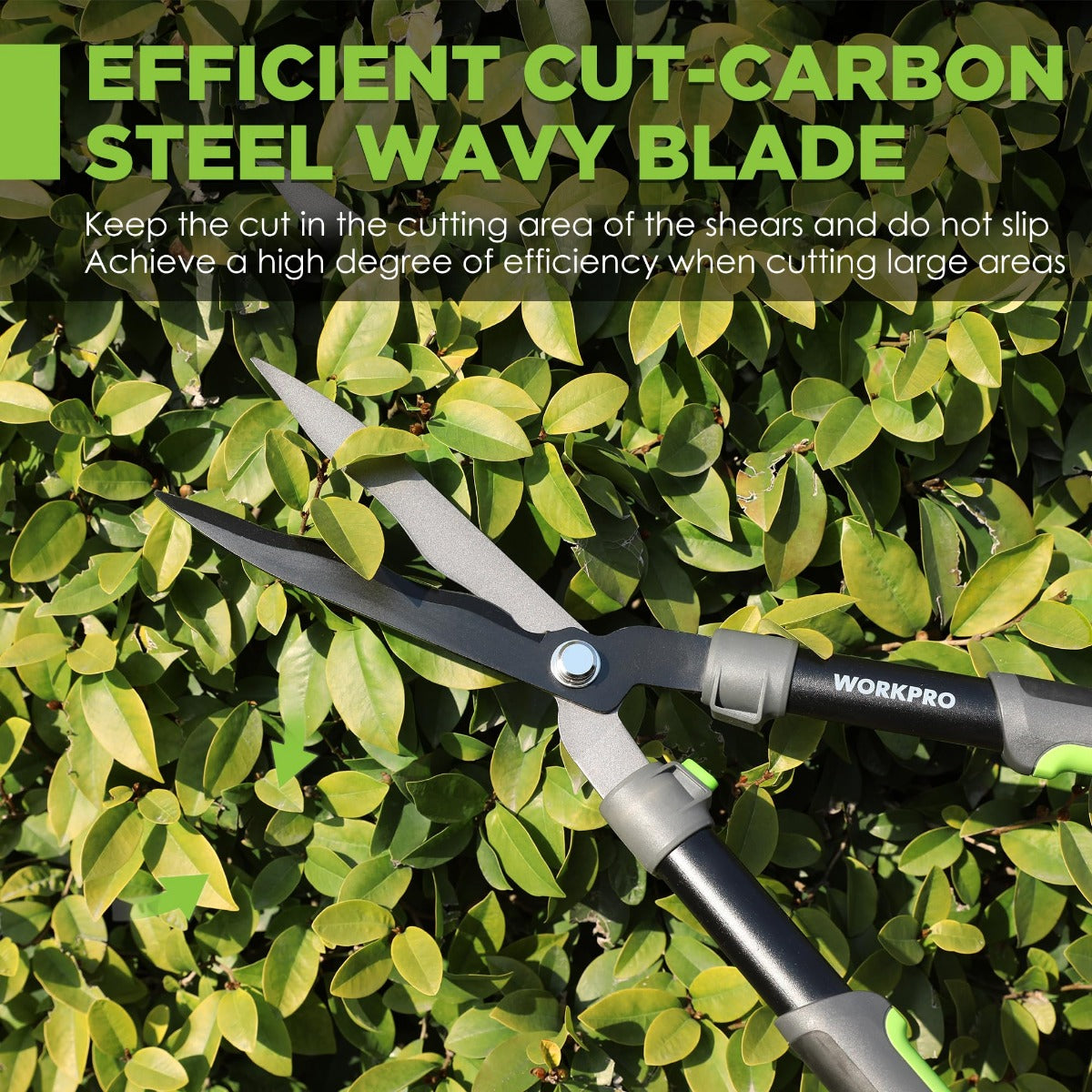 Manual hedge trimmer with carbon steel wavy blade and green-accented grips