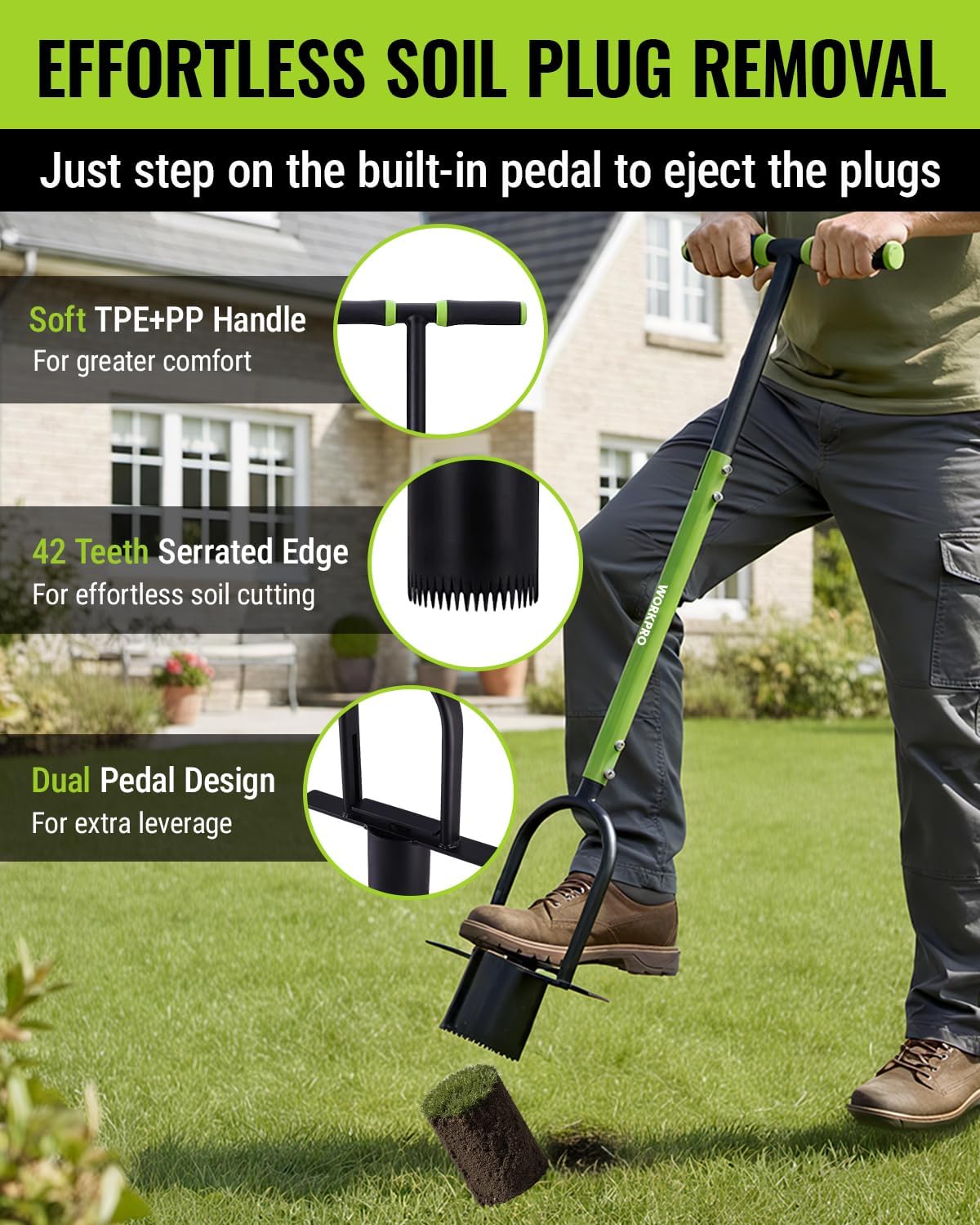 Serrated-edge soil plug remover with built-in pedal and U-shaped handle