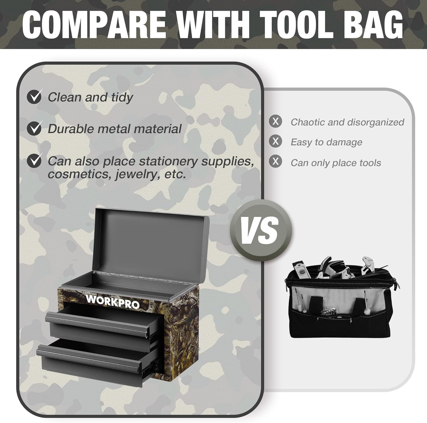 Camo mini metal tool box with open top and two gray sliding drawers