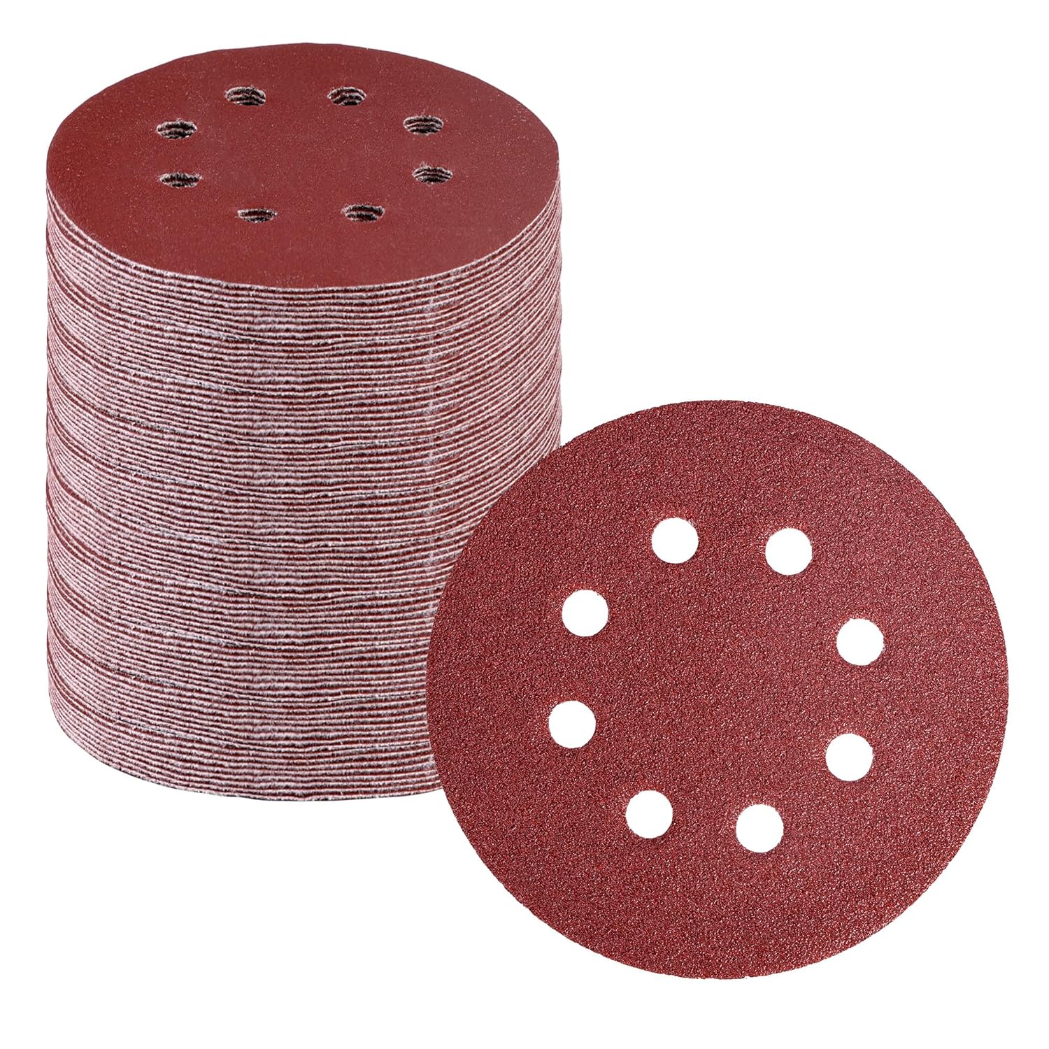 Hook-and-loop sanding discs stack, dark red-brown, 8-hole pattern, 5-inch