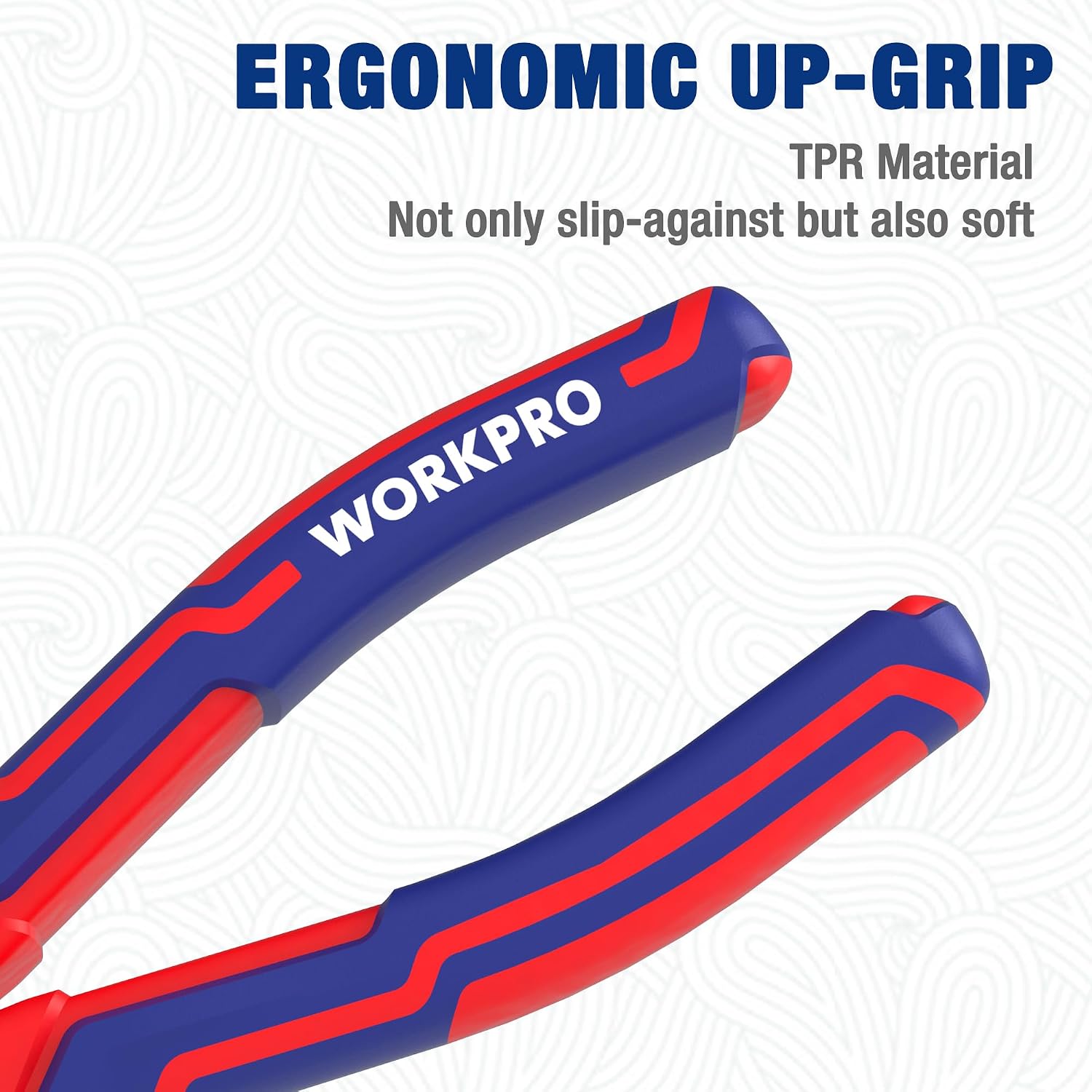 Ergonomic needle-nose pliers handle with textured blue and red soft grip