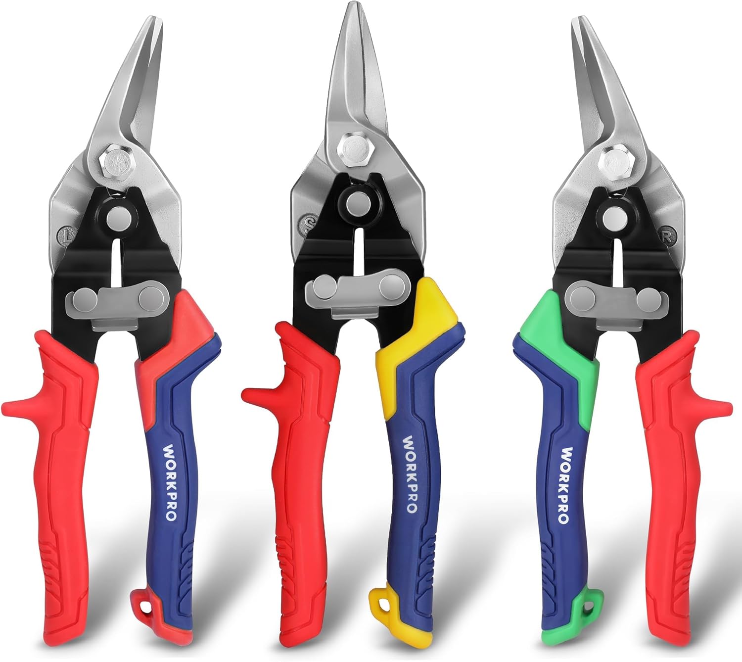 WORKPRO 3 Piece Aviation Tin Snips Set, 8 Inch Metal Cutter Shear for Left, Right and Straight Cut | Cr-V Blade, Ergonomic Handle with Hang Hole, Safety Latch