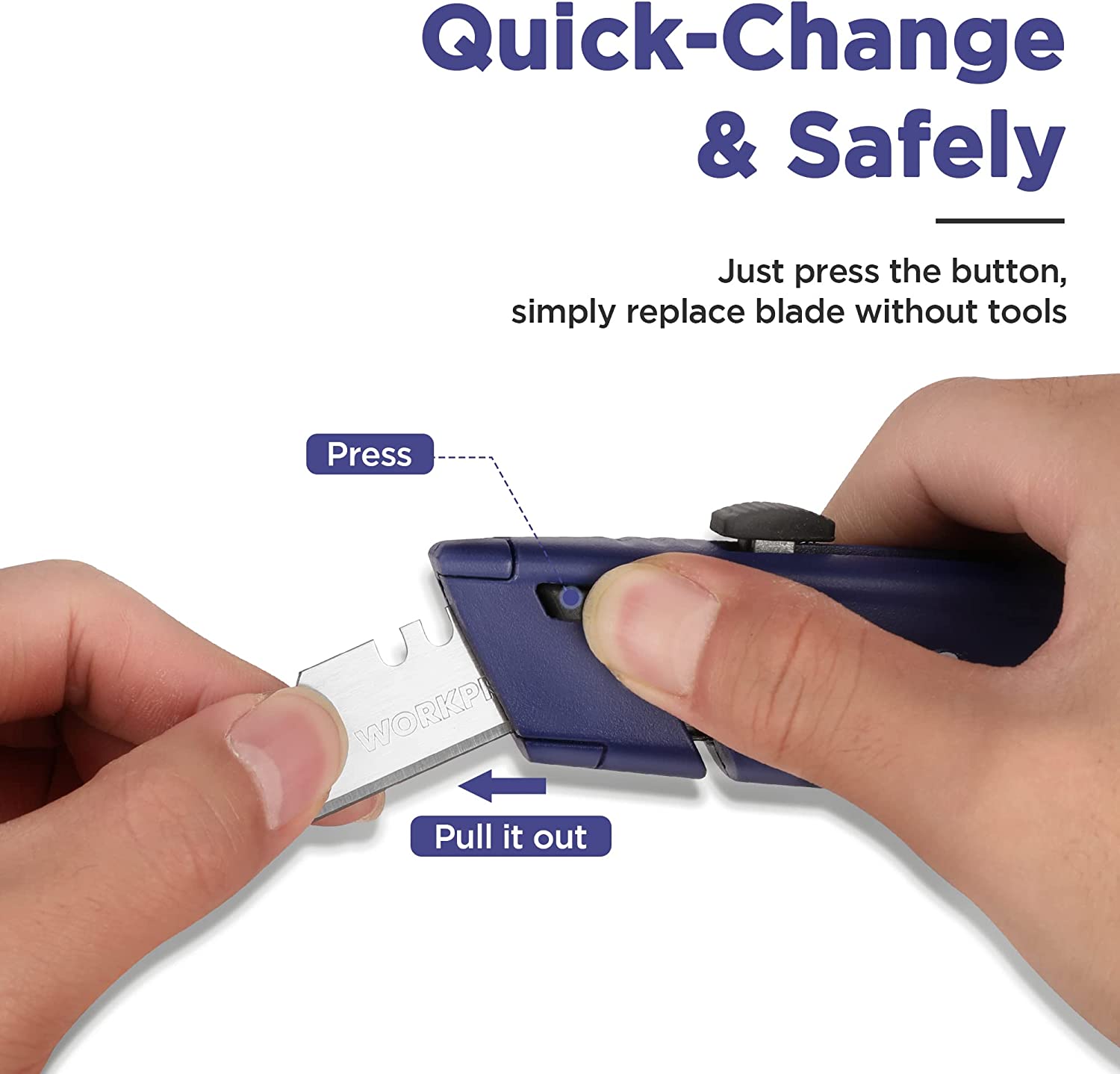 Utility knife with blue handle, quick-change button and blade pulled out
