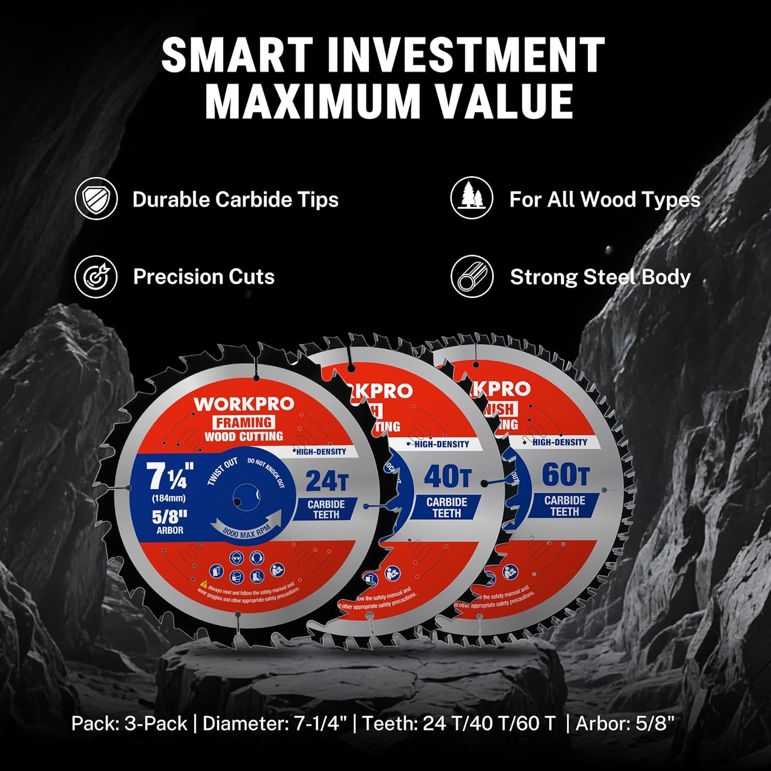 3-pack circular saw blades: 24T, 40T, 60T carbide-tipped disks, 7-1/4 in