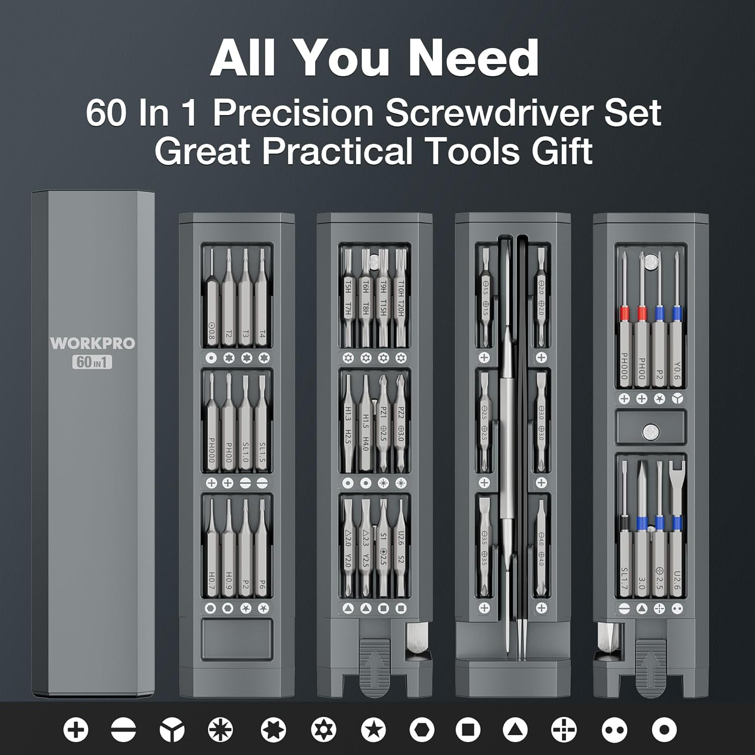 WORKPRO 60-in-1 screwdriver kit with multiple compartments inside the gray case