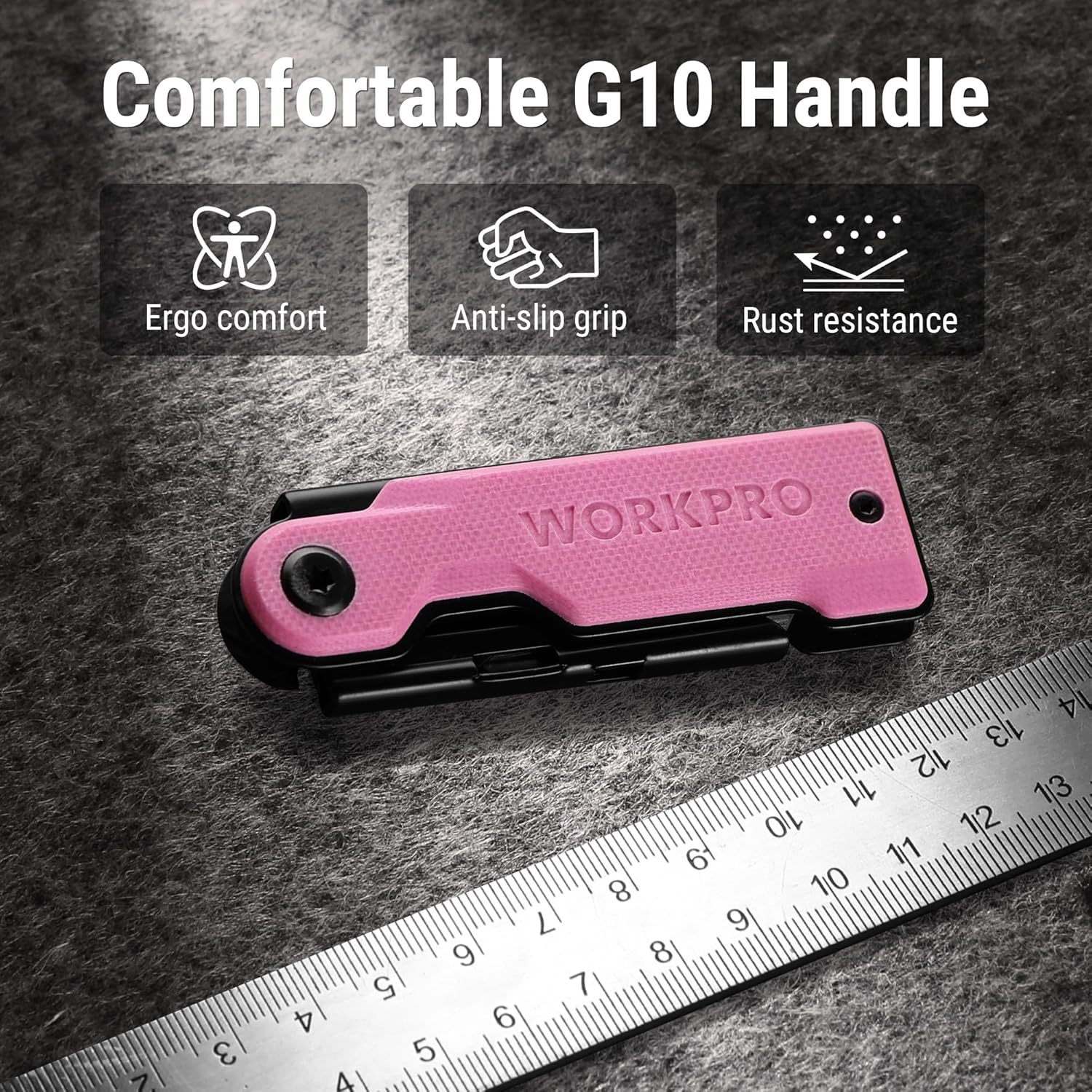 Pink folding utility knife with G10 handle, extended blade, and belt clip.