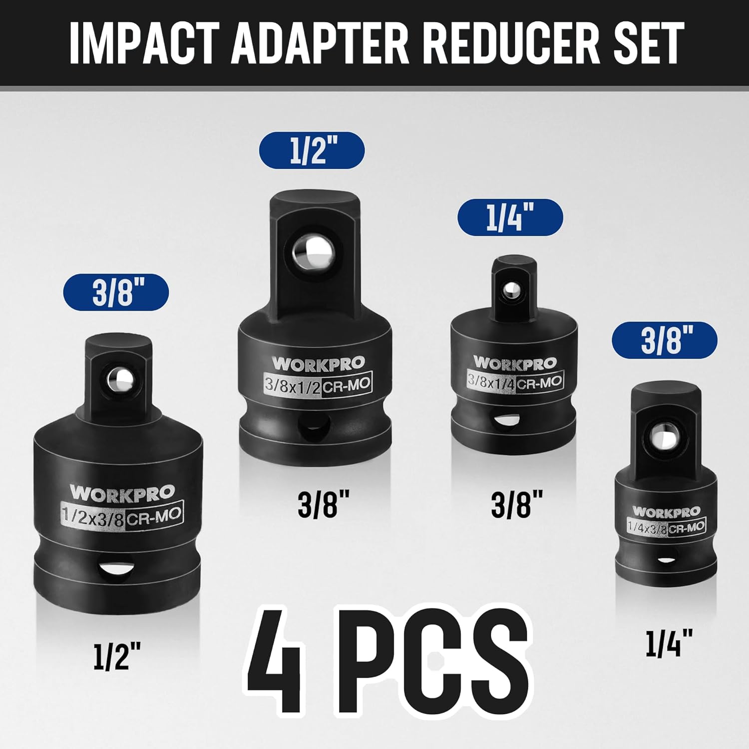 Impact socket adapter reducer set, 4-piece black CR-MO steel sizes 1/2", 3/8", 1/4"