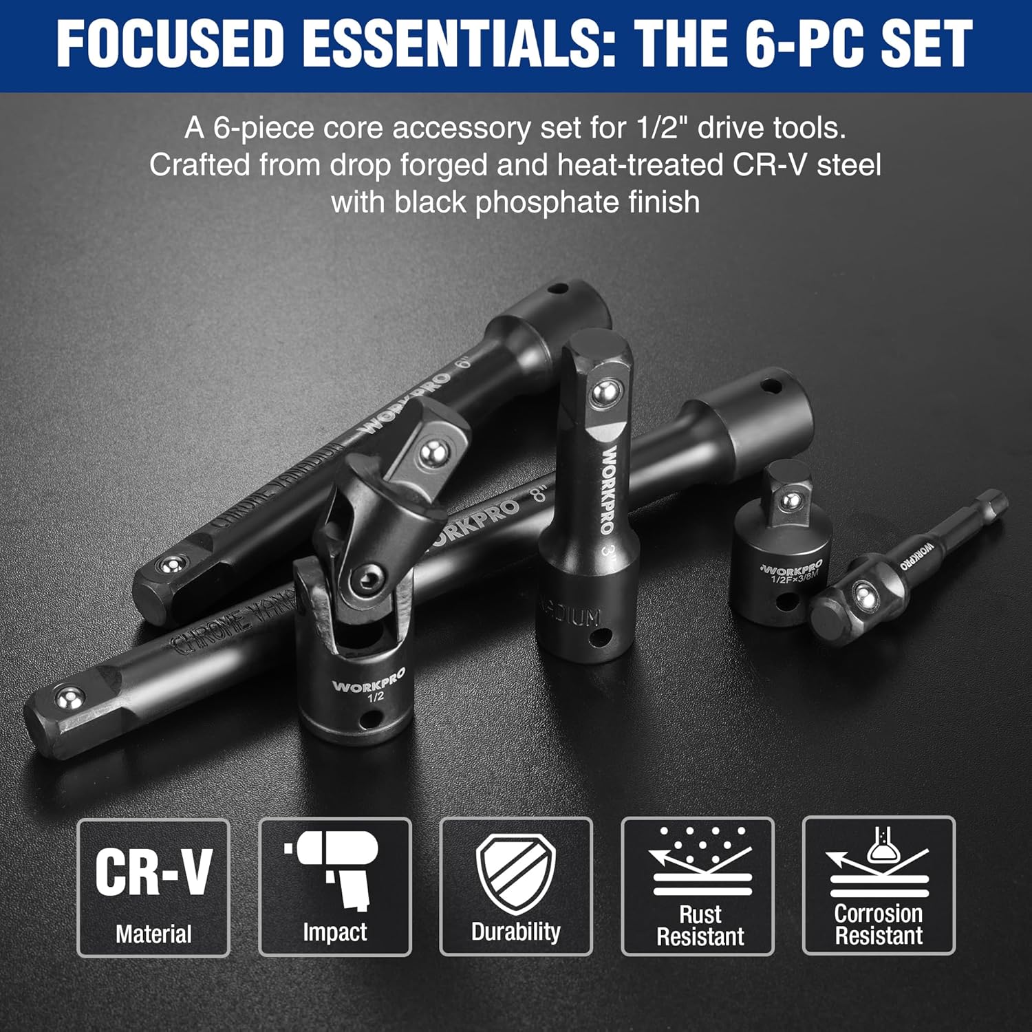Black 1/2-in drive socket accessory set with extension bars, universal joint, and adapter