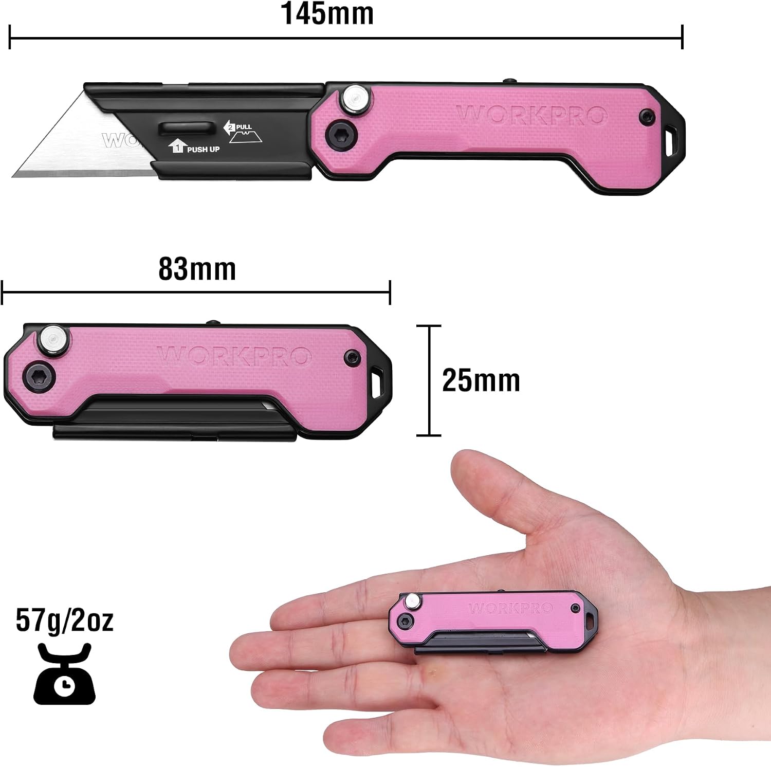 Pink and black folding utility knife with stainless blade, compact pocket size.