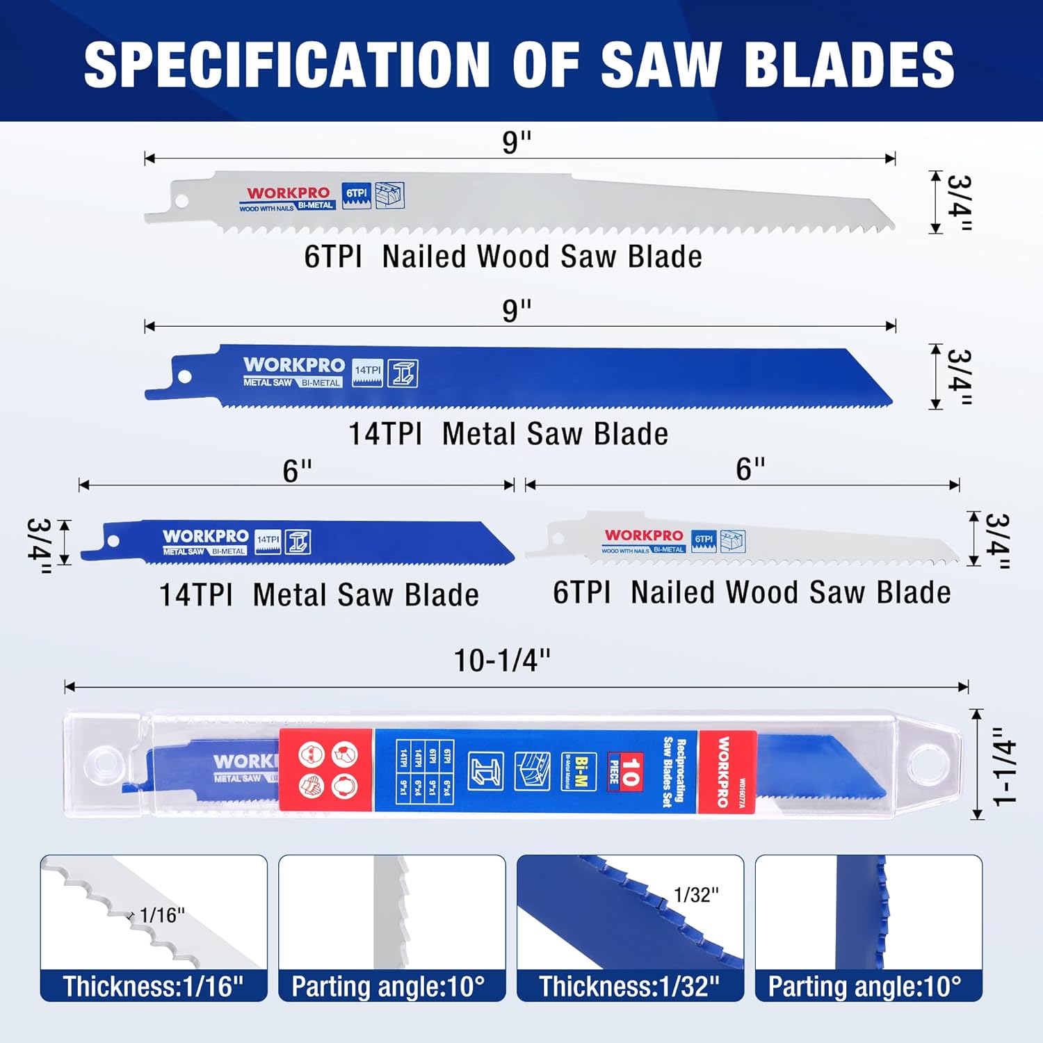 Specification diagram for WORKPRO reciprocating saw blade sizes and thicknesses