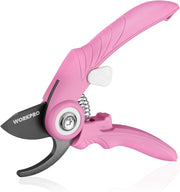 WORKPRO bypass pruning shears with pink handles and black blades, spring return