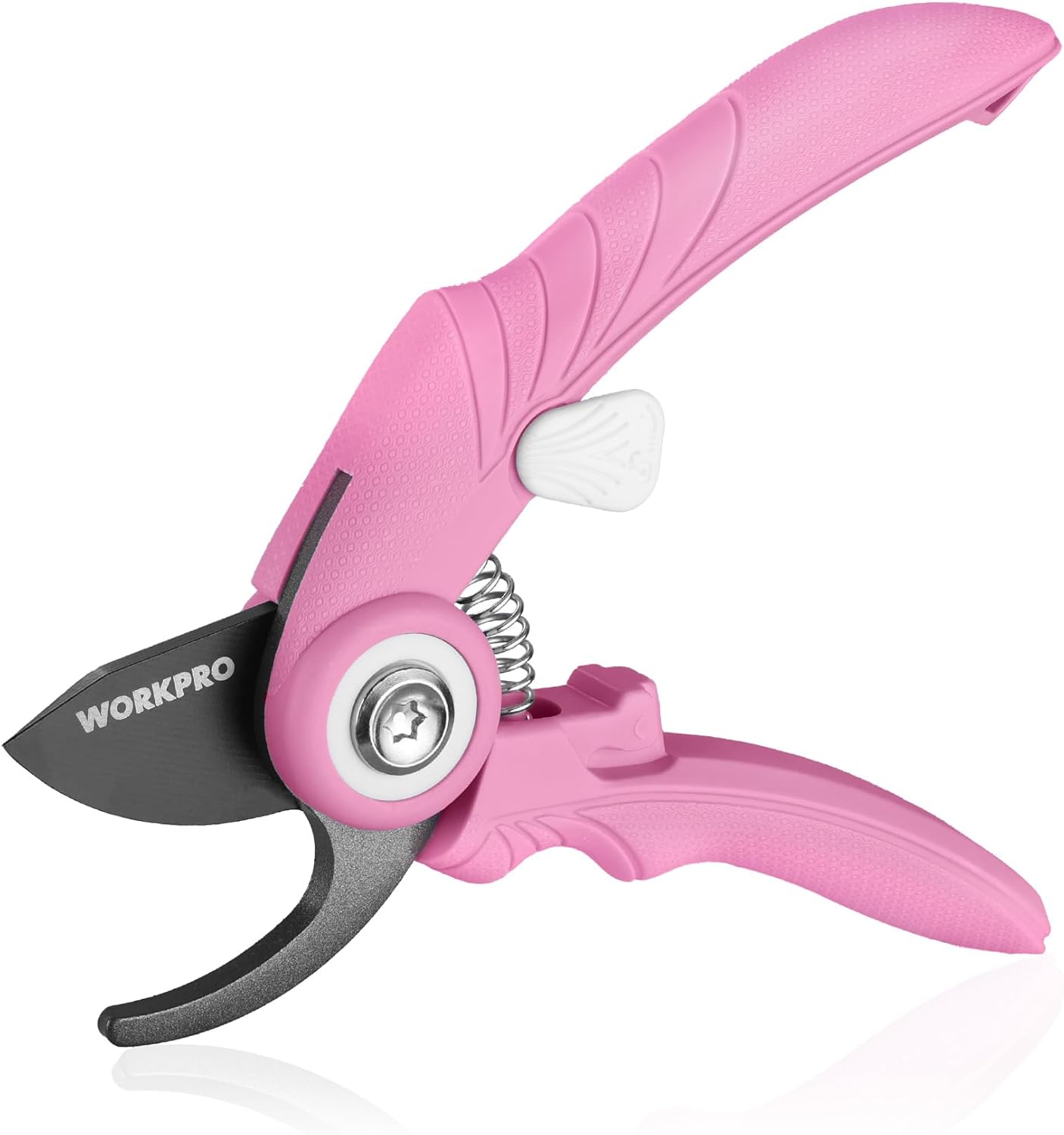 WORKPRO bypass pruning shears with pink handles and black blades, spring return