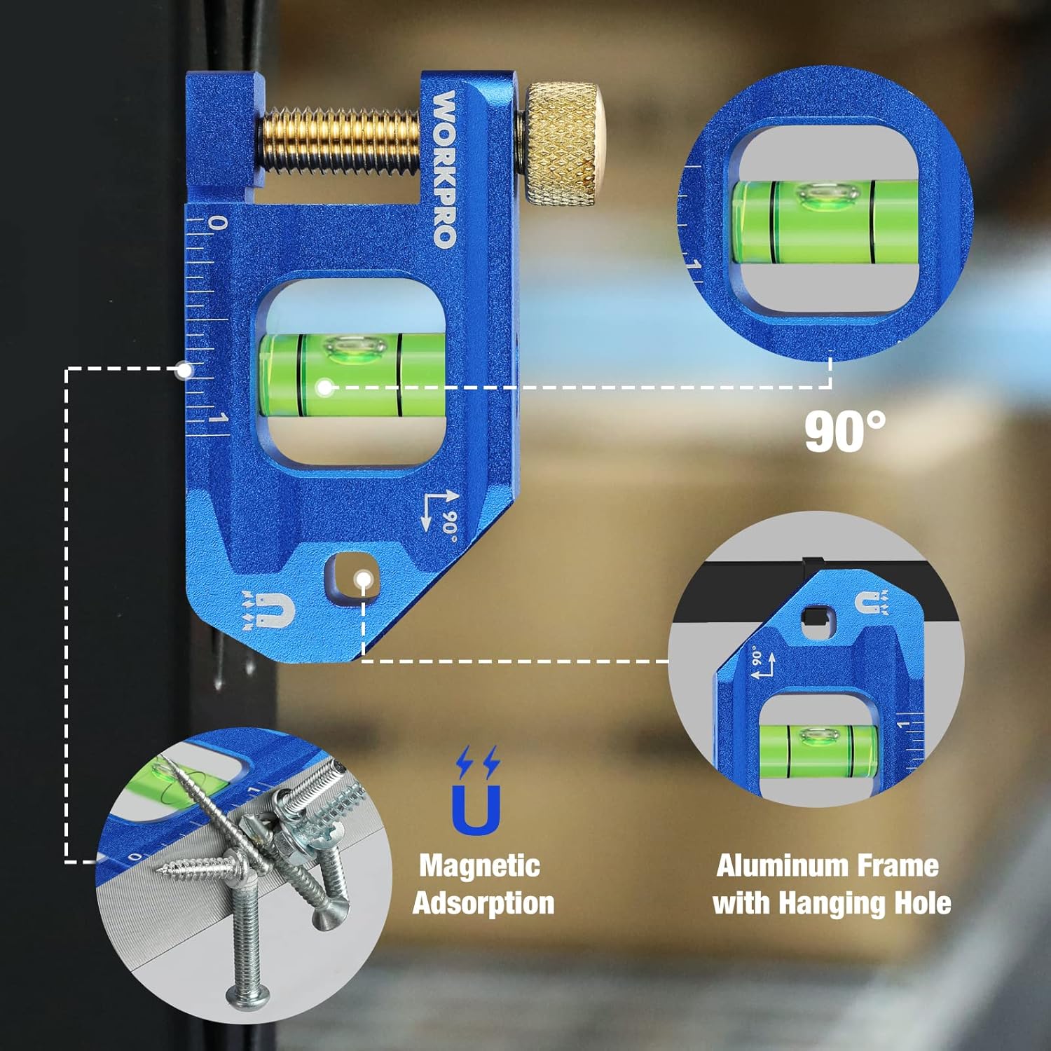 Blue aluminum-frame conduit bending level with magnetic attachment and hanging hole