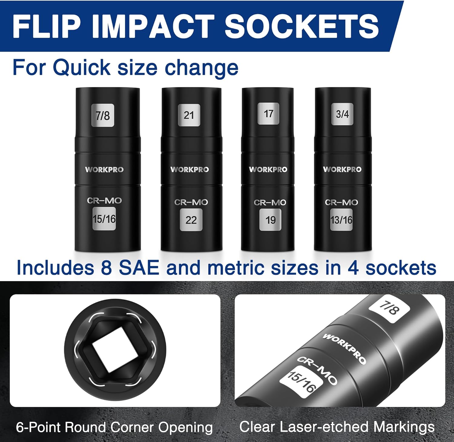 Black CR-Mo flip impact sockets set with rounded 6-point openings and clear size markings