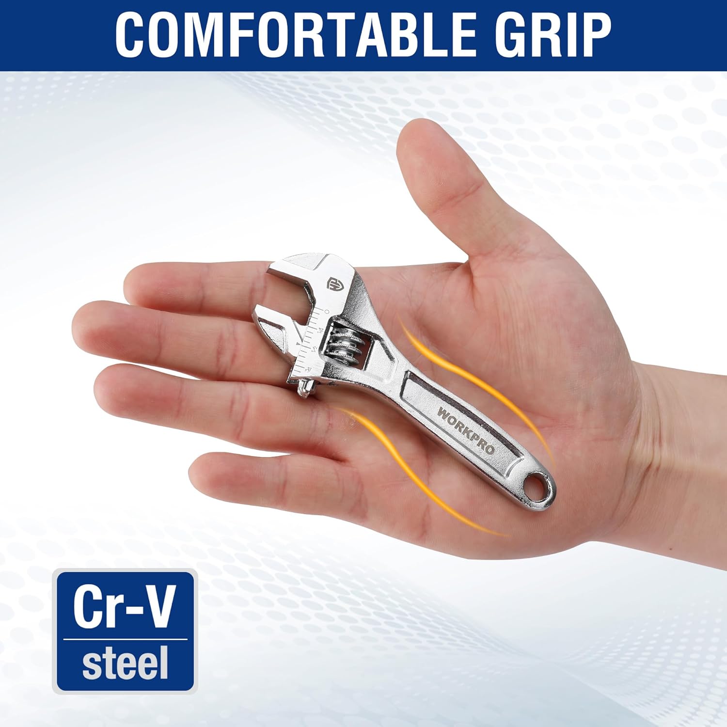 Chrome adjustable wrench with engraved scale, compact 4-inch spanner, for inch/metric.