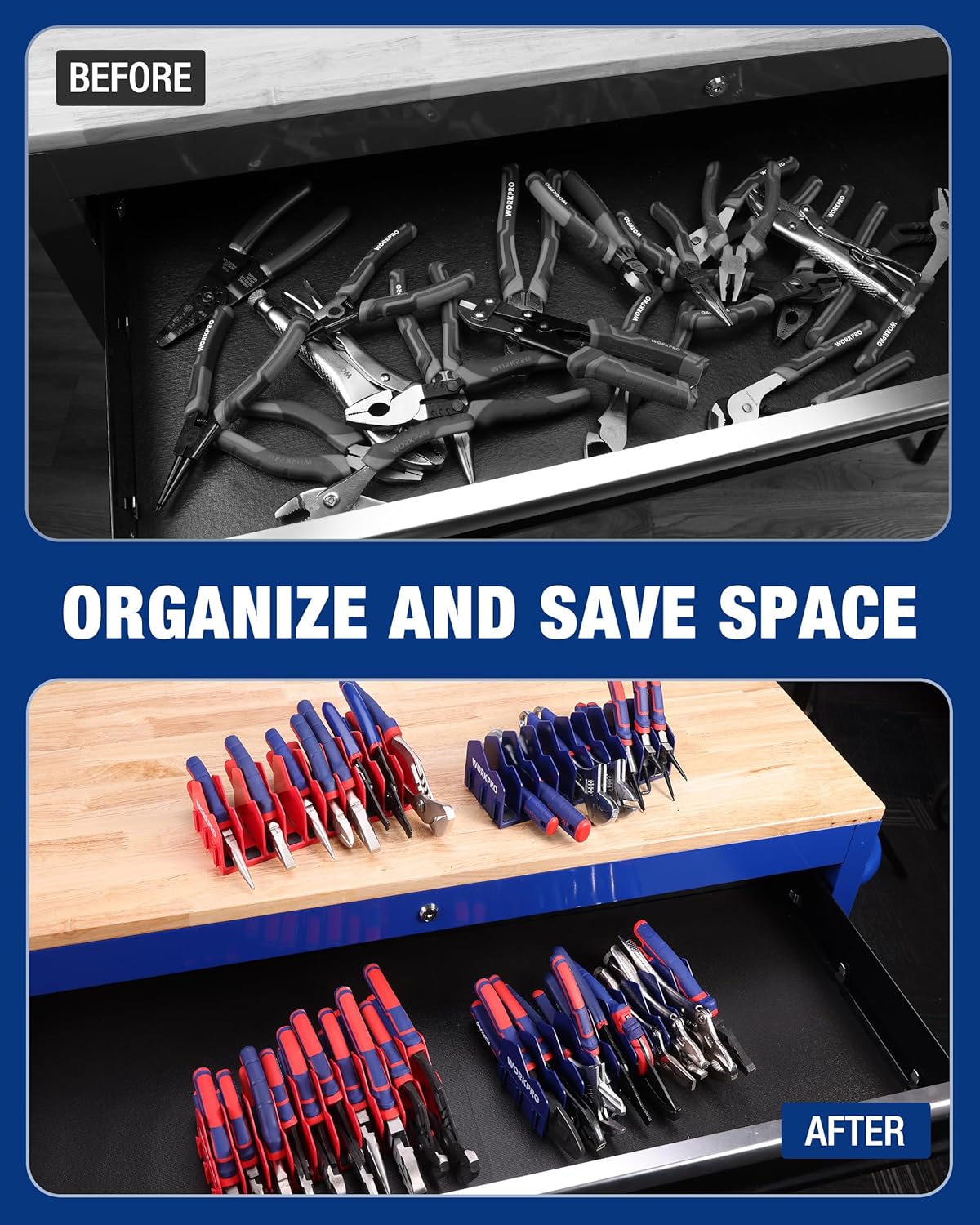 Tool drawer organizer racks with multiple slots holding pliers and cutters