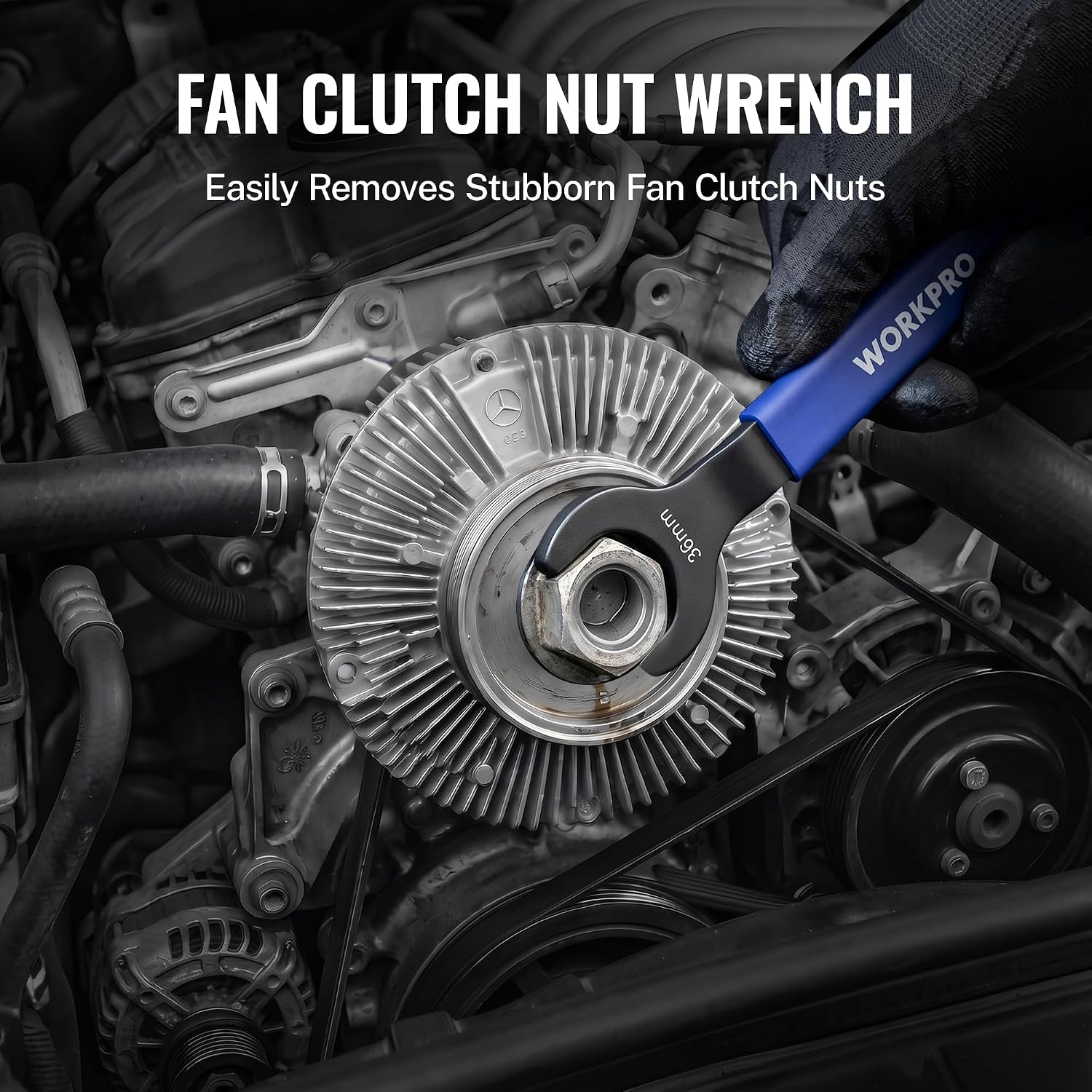 Fan clutch nut wrench with blue handle and black end, displayed on engine
