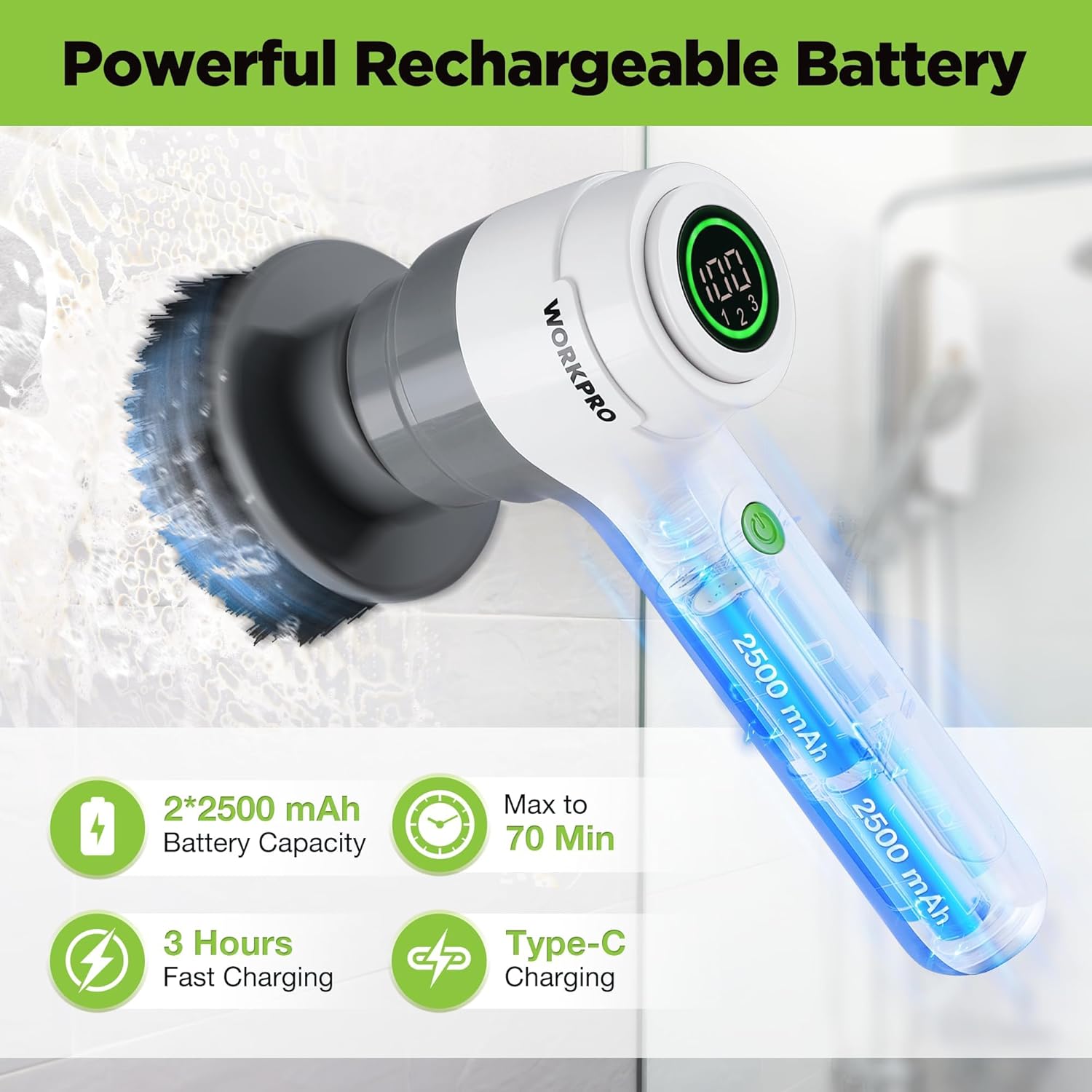 WORKPRO rechargeable electric scrubber handle with circular LED power display
