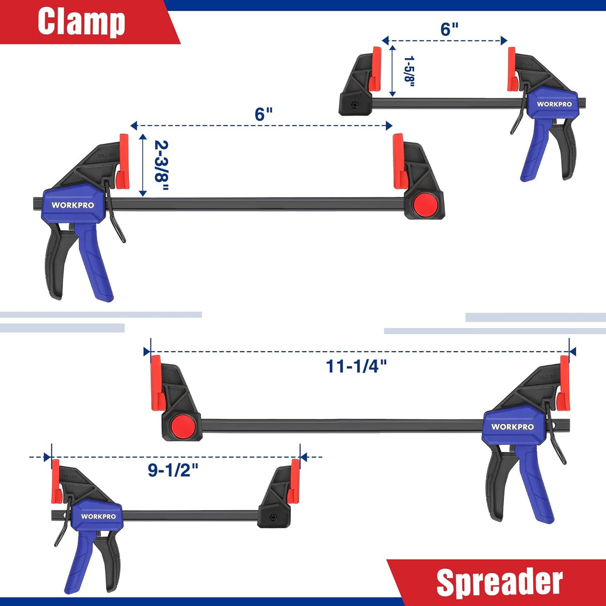 WORKPRO mini bar clamps with blue grips and red jaw pads on black frames