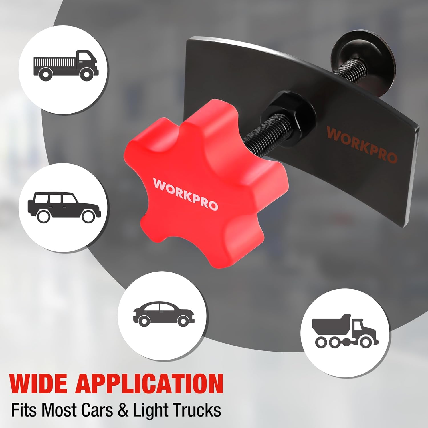 Brake pad expander tool with red clamp head and black plates, WORKPRO branding