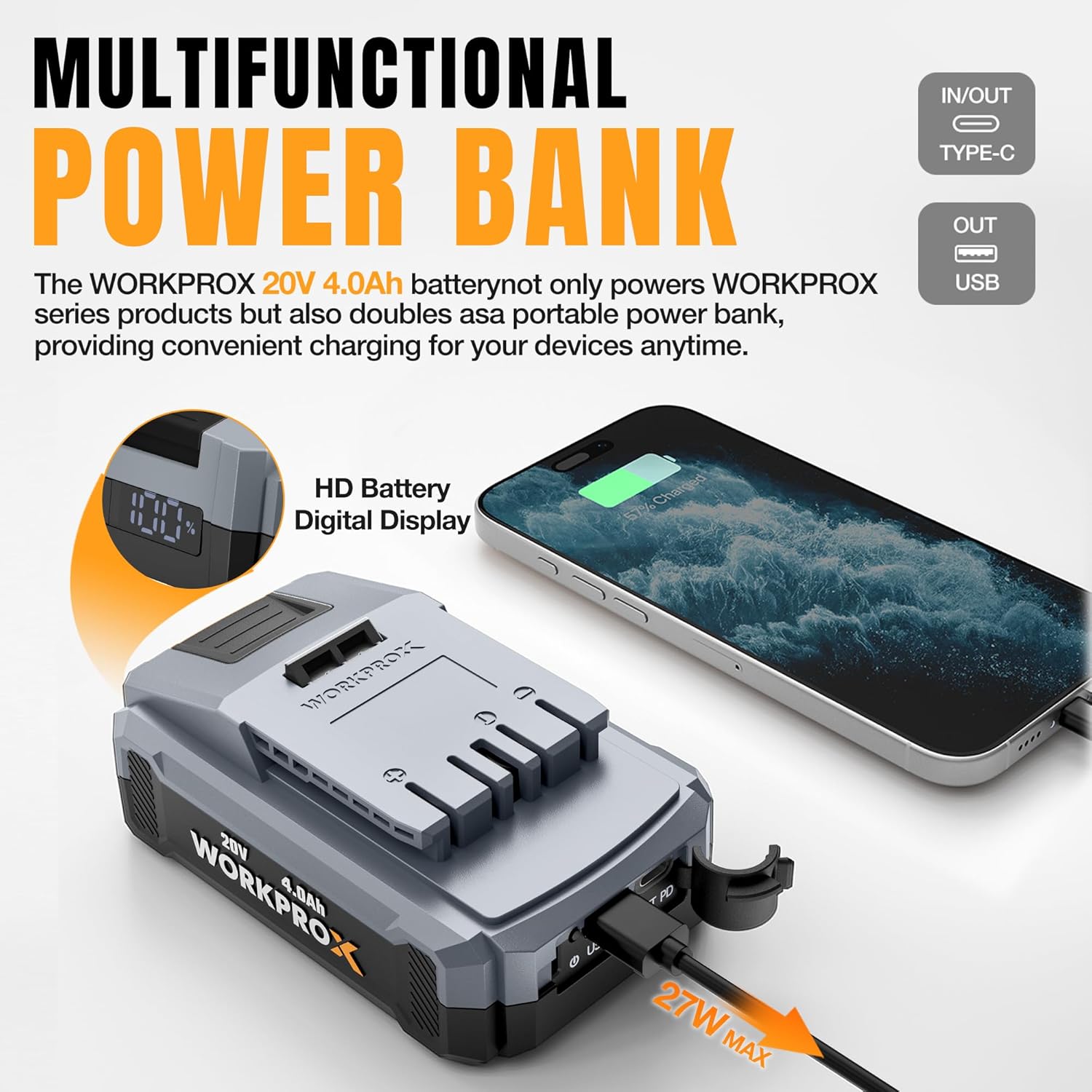 Cordless rotary hammer drill battery pack with power bank ports for charging