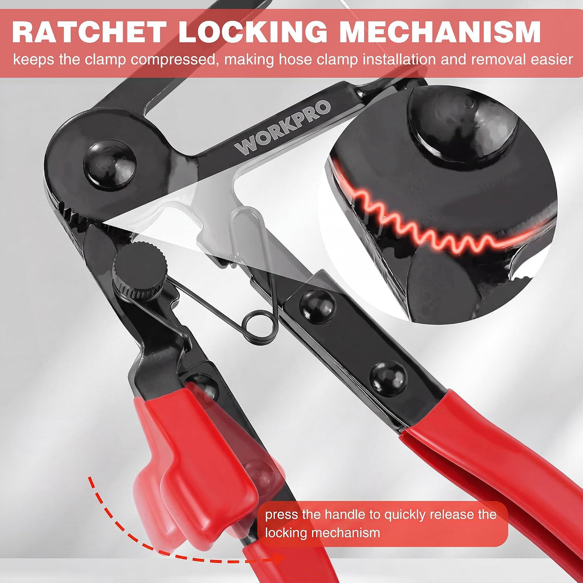 Red and black ratchet locking hose clamp pliers with release mechanism near handles