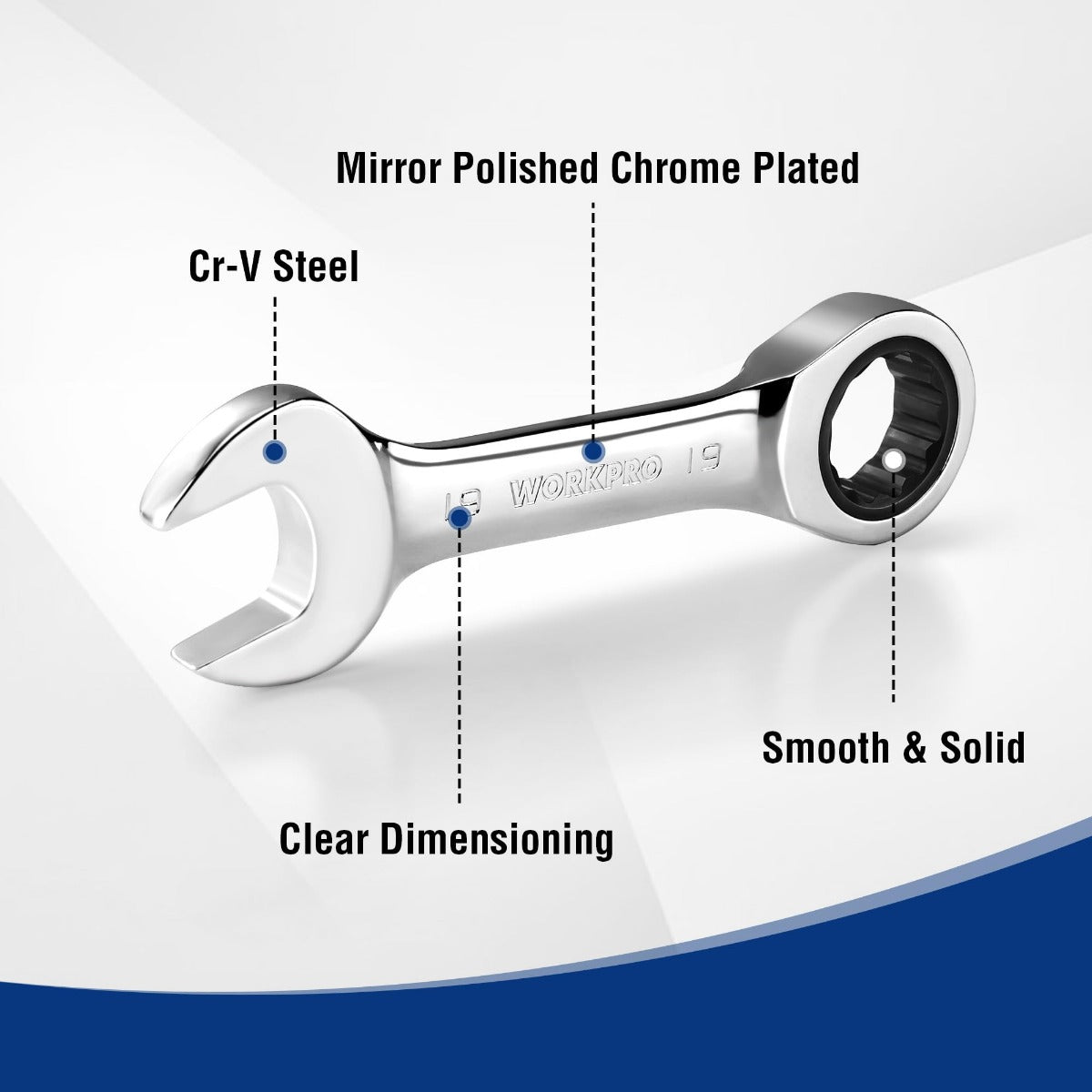 Polished chrome stubby ratcheting wrench with box end and clear size markings