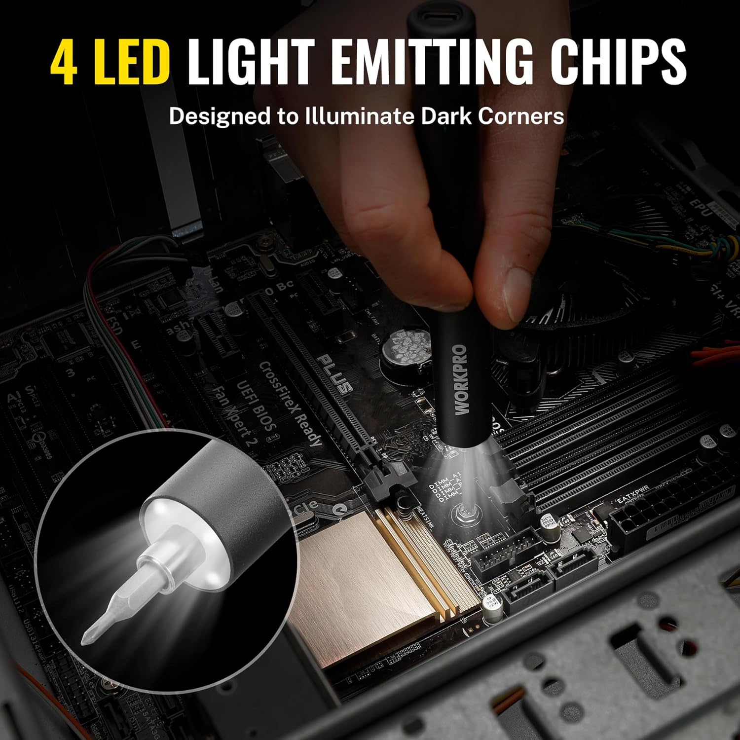 Mini electric screwdriver with LED light illuminating a circuit board during use