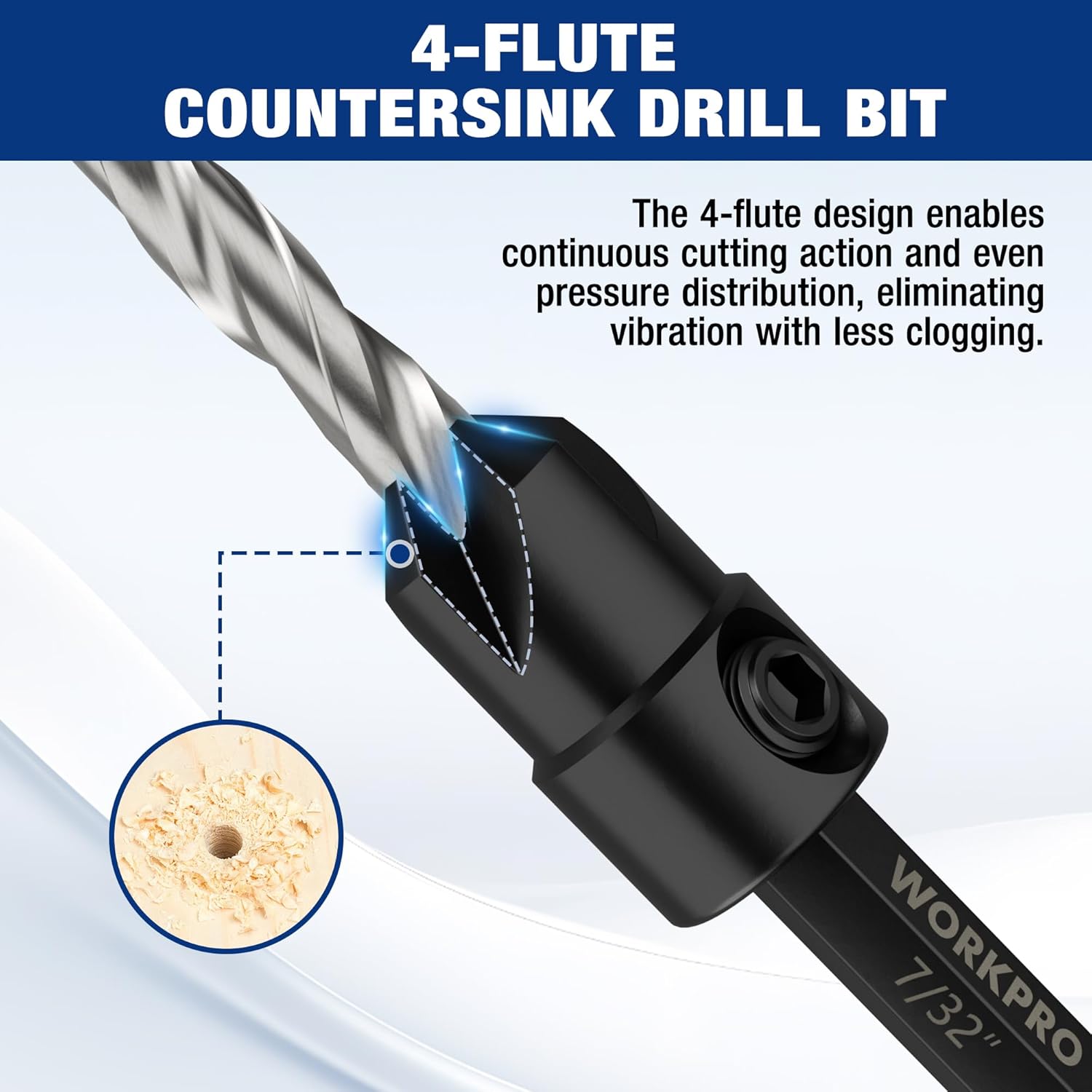 4-flute countersink drill bit with spiral flutes and conical countersink tip