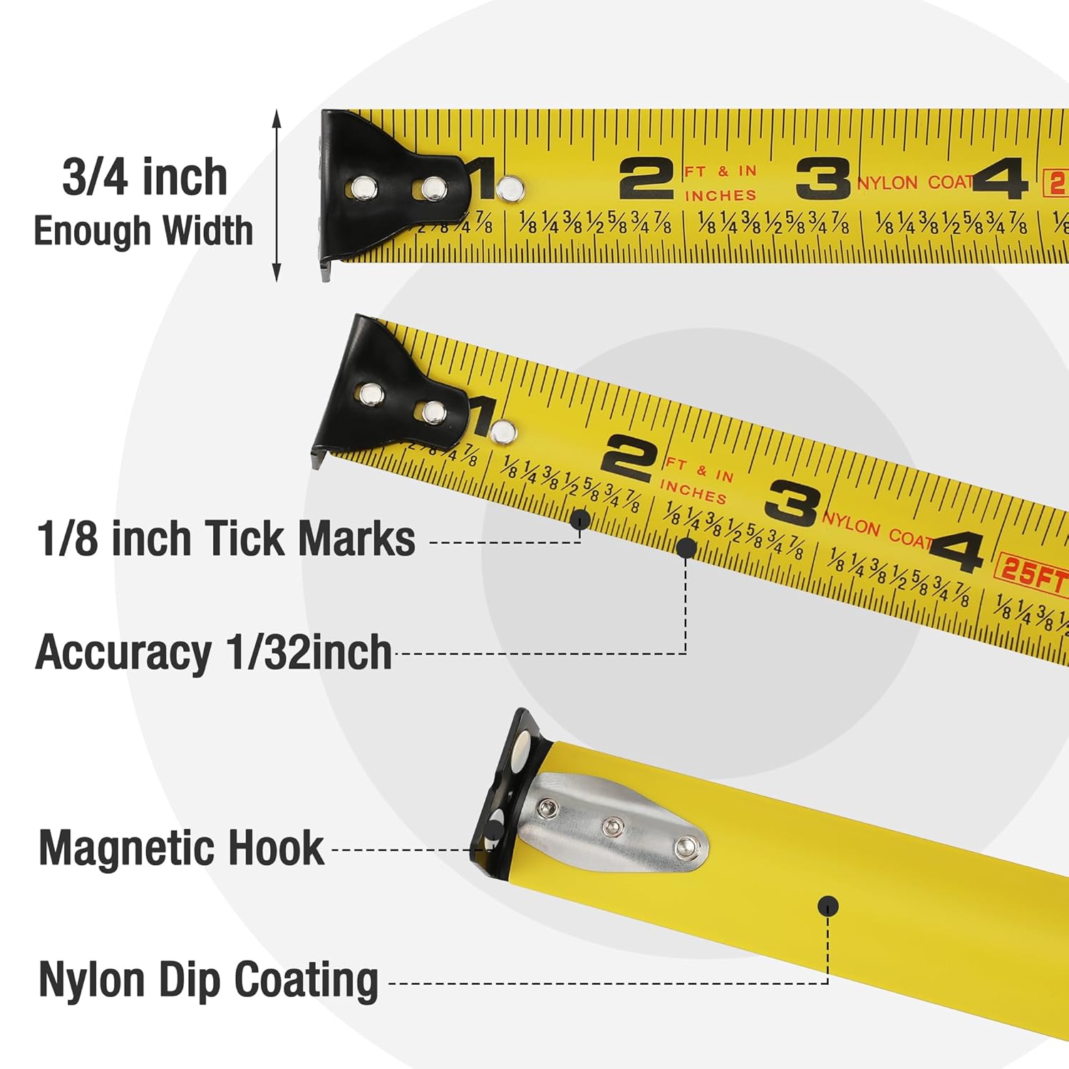 Retractable tape measure showing yellow 1/8 marks and nylon-coated 3–4 inch scale