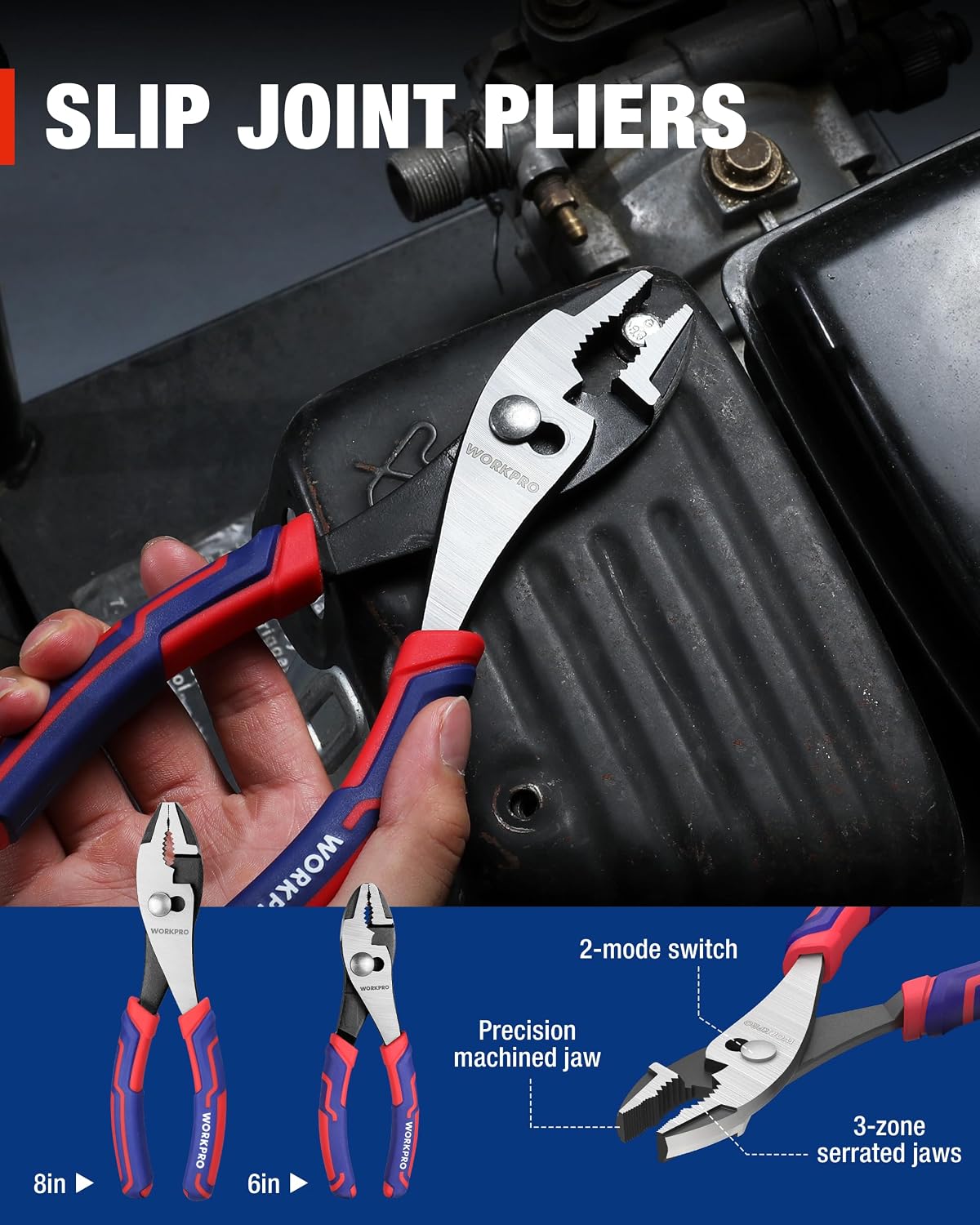 WORKPRO slip joint pliers with blue-red ergonomic handle and silver serrated jaws