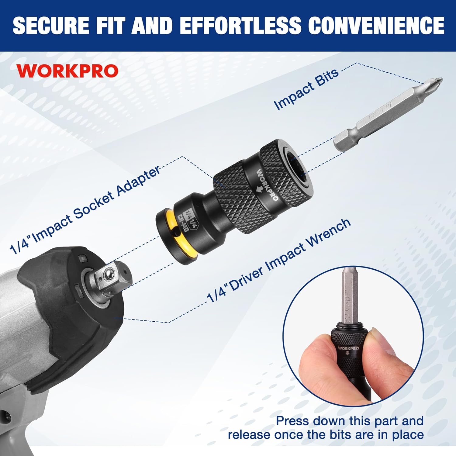 1/4in impact driver adapter with bit holder, black textured sleeve and yellow band