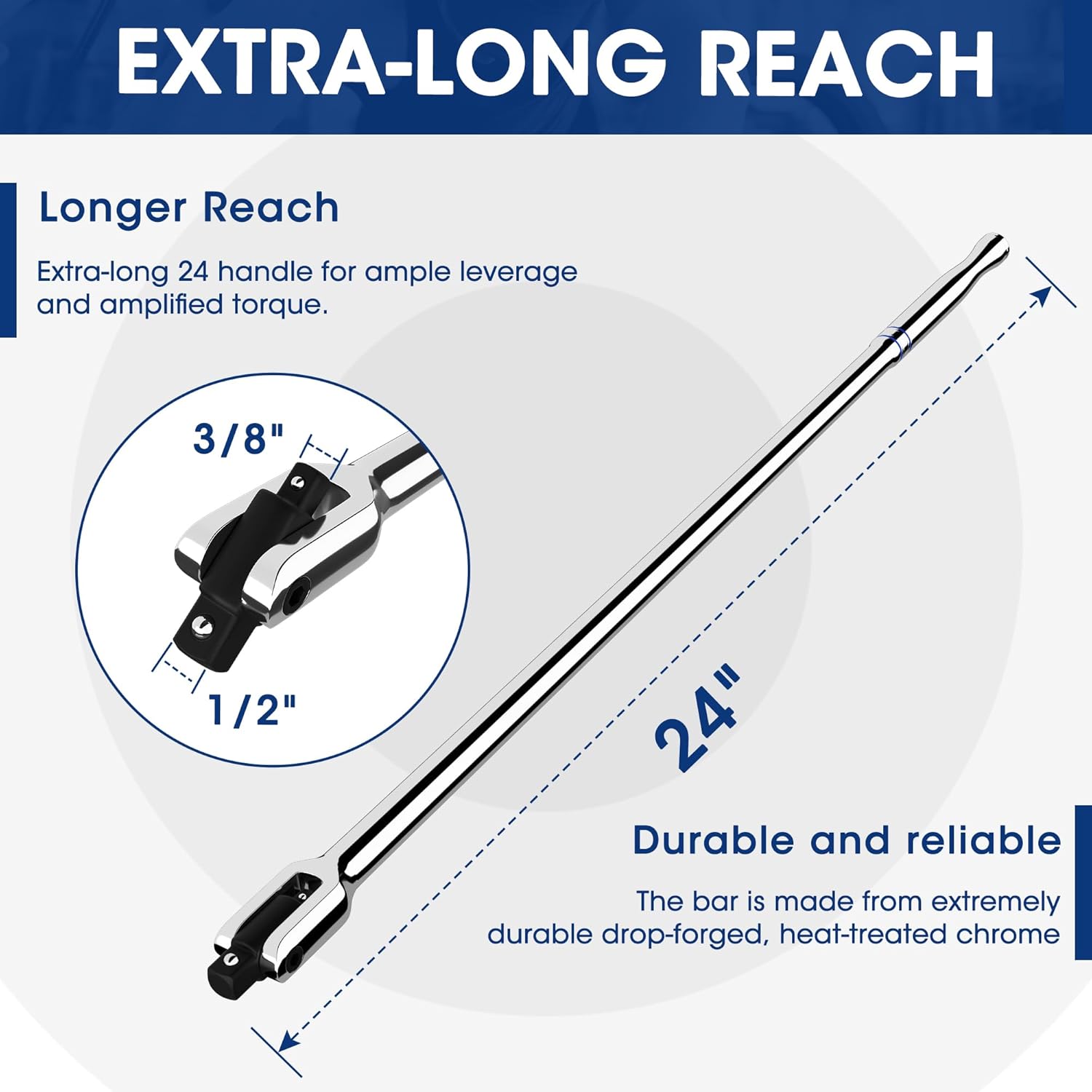 24-inch dual-drive breaker bar with 3/8 in and 1/2 in drive ends, chrome finish