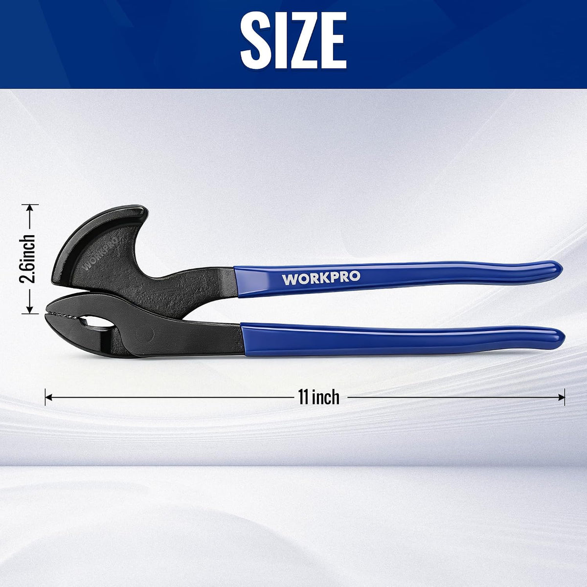 Workpro 11 inch nail puller pliers with high leverage, blue handles and curved black head acting as a fulcrum.