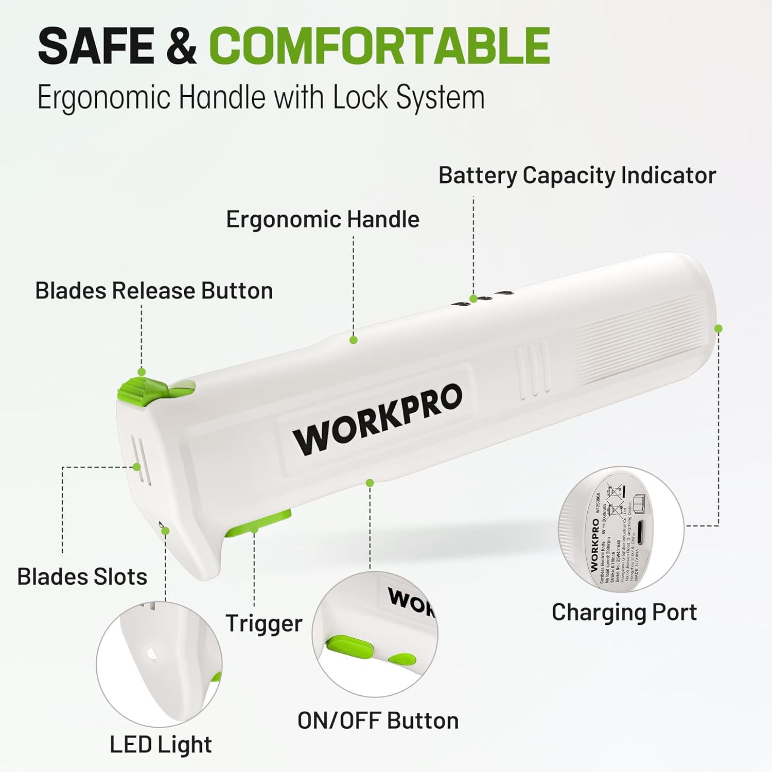 White cordless electric carving knife with ergonomic handle, trigger, LED, and charging port