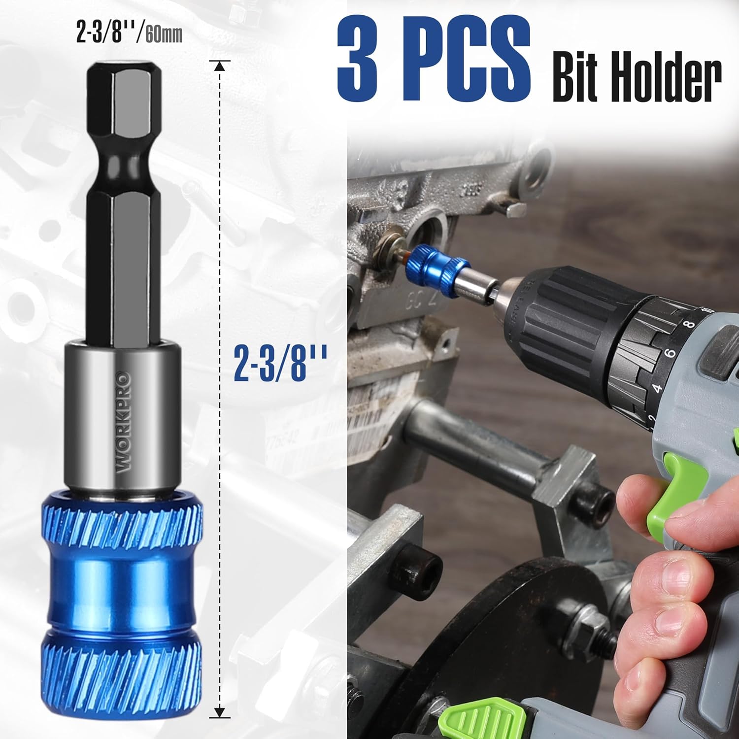 3-piece blue magnetic drill bit holder extension set with 1/4-inch hex quick release