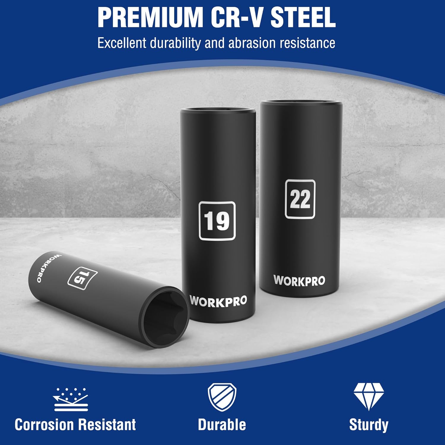 Black deep impact sockets with size labels, for CR-V steel durability