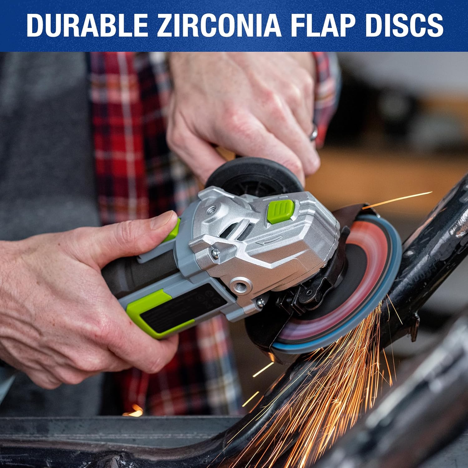 Zirconia flap disc grinding on metal with an angle grinder, blue abrasive wheel